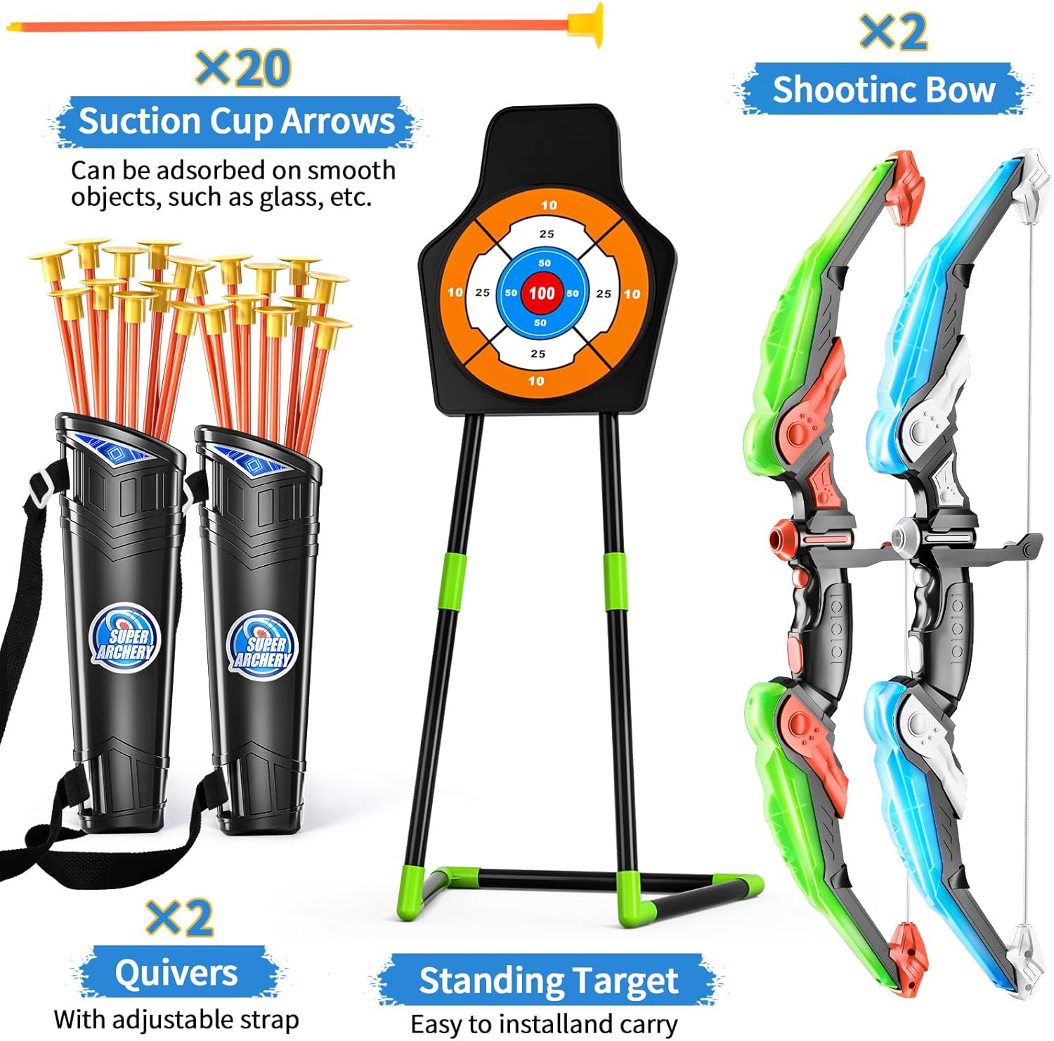 TEMI 2 Pack Archery Set - Includes 2 Bows, 20 Suction Cup Arrows & 2 Quivers & Standing Target, Outdoor Light Up Toys for Kids Boys Girls