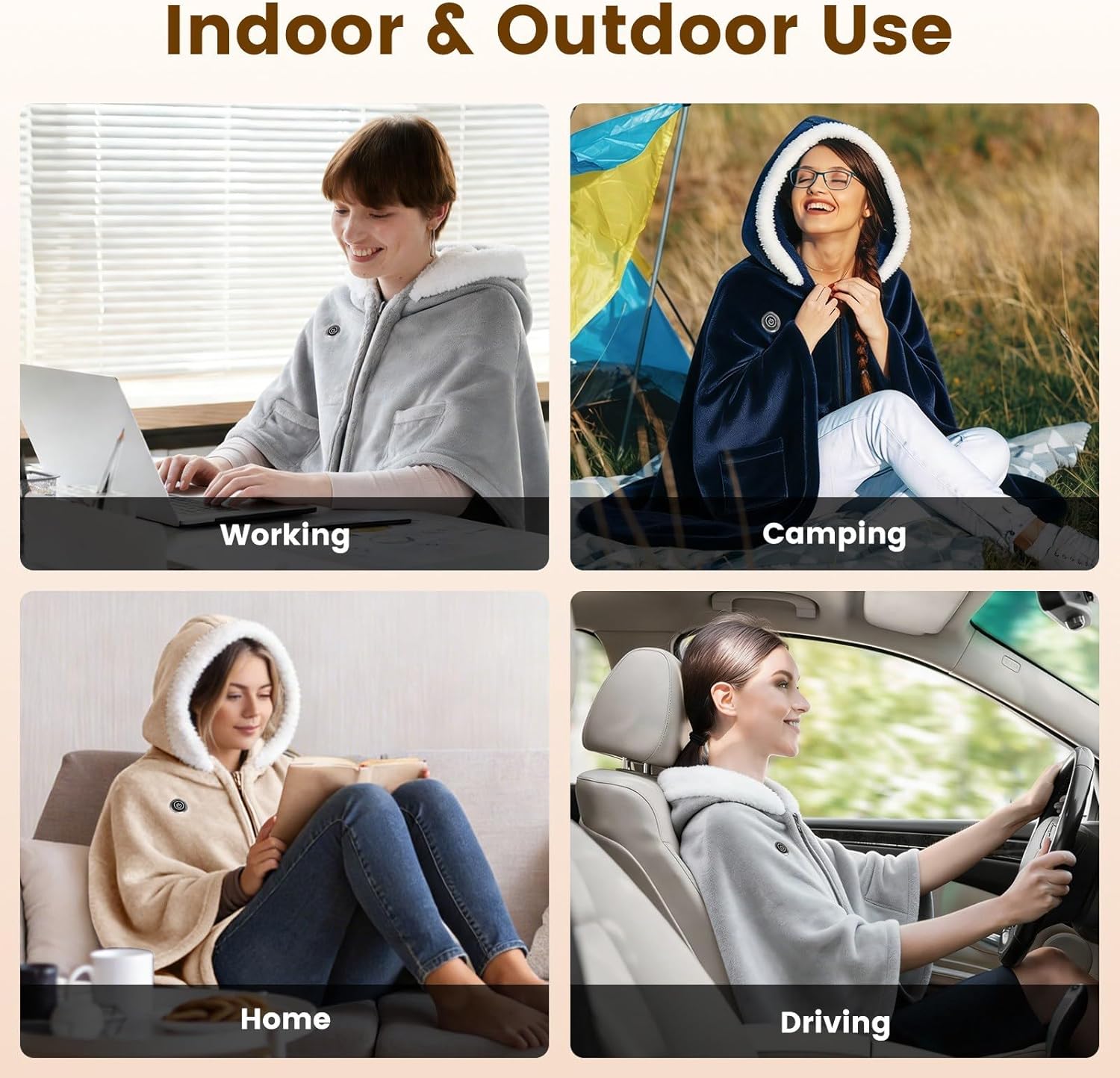 Wearable Heated Throw Blanket Electric Shawl Double-Sided Flannel Heating Hoodie Portable Machine Washable with 3 Heating Levels Battery Operated for Women Men Christmas Gift(Beige)