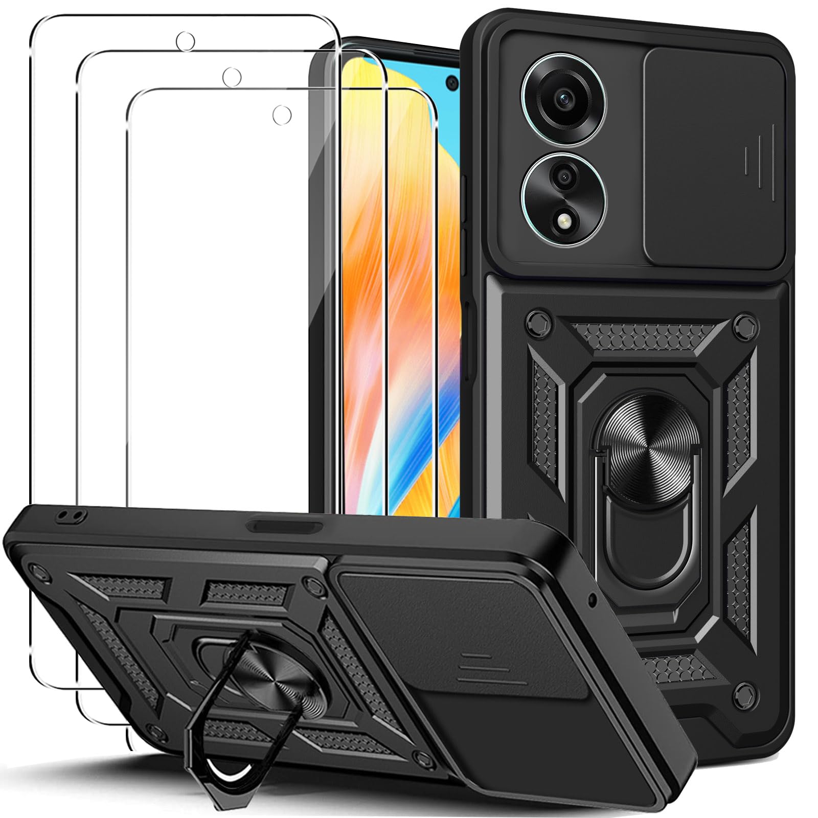 Funda OPPO Reno 14F 5G Con 2 Cristales Templados | TPU Anti-Choque, Cubierta Cámara Deslizante, Anillo Magnético 360° Y Ranura Para Tarjetas - Color Azul