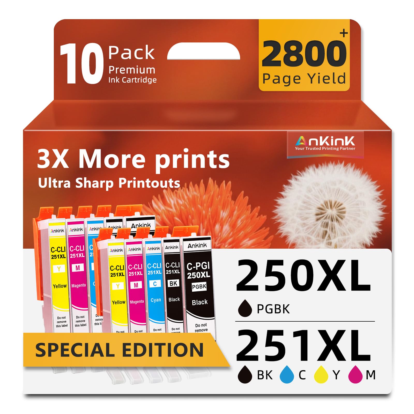 PGI-250XL CLI-251XL Ink Cartridge 10 Combo Pack Replacement for Canon 250 251 XL use to Cannon PIXMA IX6820 MX922 MX920 IP8720 MG5520 MG7520 MG5500