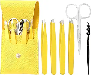 Eyebrow Tweezers for Men& Women, Ingrown Hair Plucker Kit for Facial Hair Removal, Precision Lash Tweezers Set with Brow Scissors, Spoolie, Slanted Tweezer, Pointed Tweezer-6 PCS