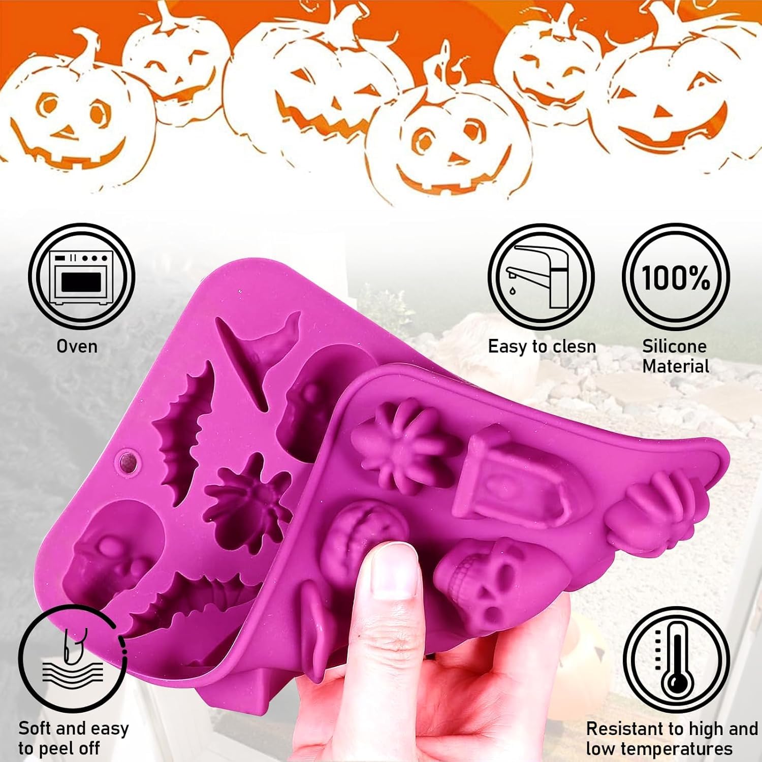 Molde de silicona para Halloween, paquete de 2 moldes de chocolates 3D para Halloween, chocolate, caramelos, calavera, calabaza, murciélago, fantasma, bruja, sombrero, araña, lápida, formas