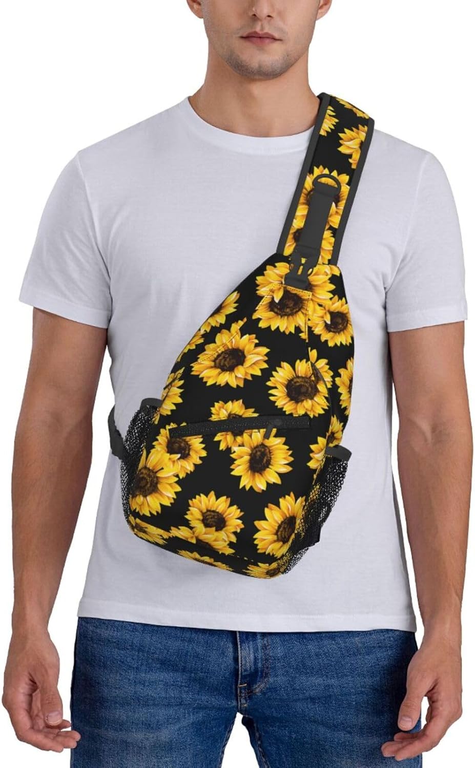 Sunflower Crossbody Sling Bag for Women Men Cute Yellow Flowers on Black Background Travel Sling Backpack Casual Chest Shoulder Bag Lovely Summer Floral Print Gym Sports Hiking Daypack - Image 6