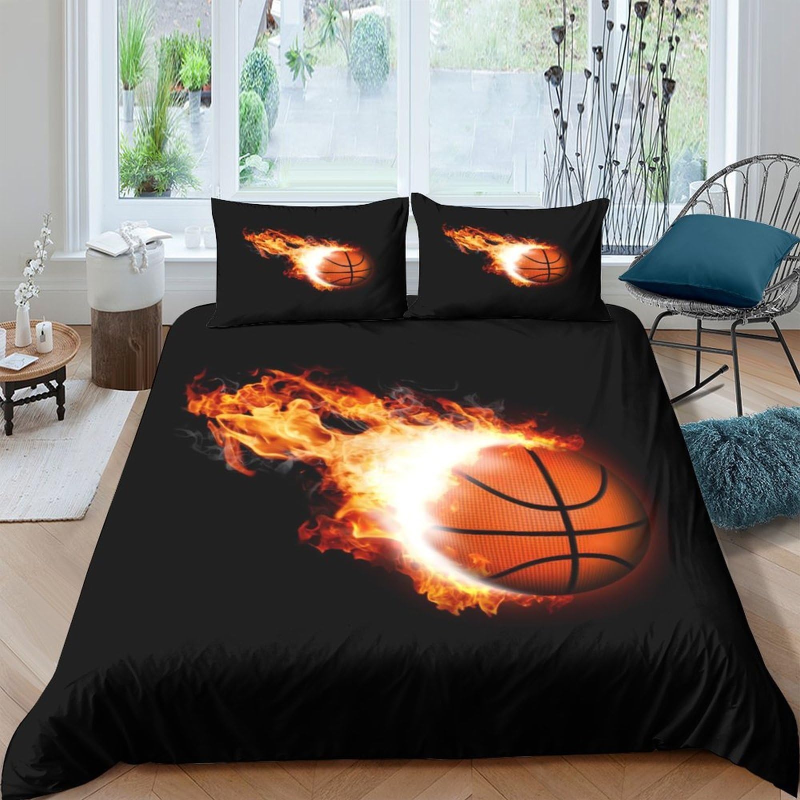 Ctjqhvkz Style-5 3D Printed Fire Basketball Fitted Sheet Microfiber Soft Black Mattress Cover For Bedroom Dorm Decorative Bedding Single（135X200cm）