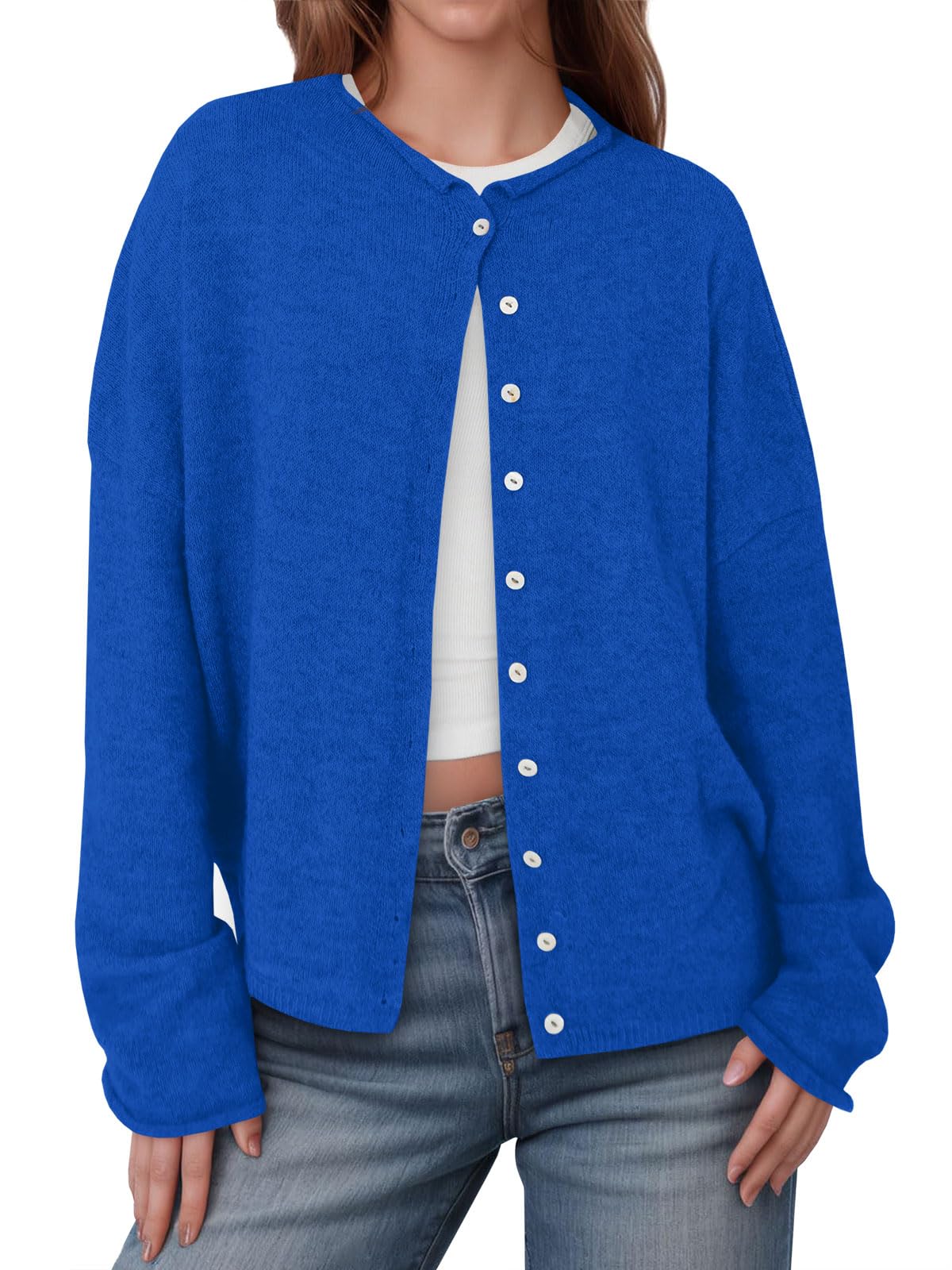 Saodimallsu Womens Button Up Long Sleeve Lightweight Knit Cardigan | Crew Neck, Soft Cozy, Loose Fit, 2026 Trendy,Fall Winter Style