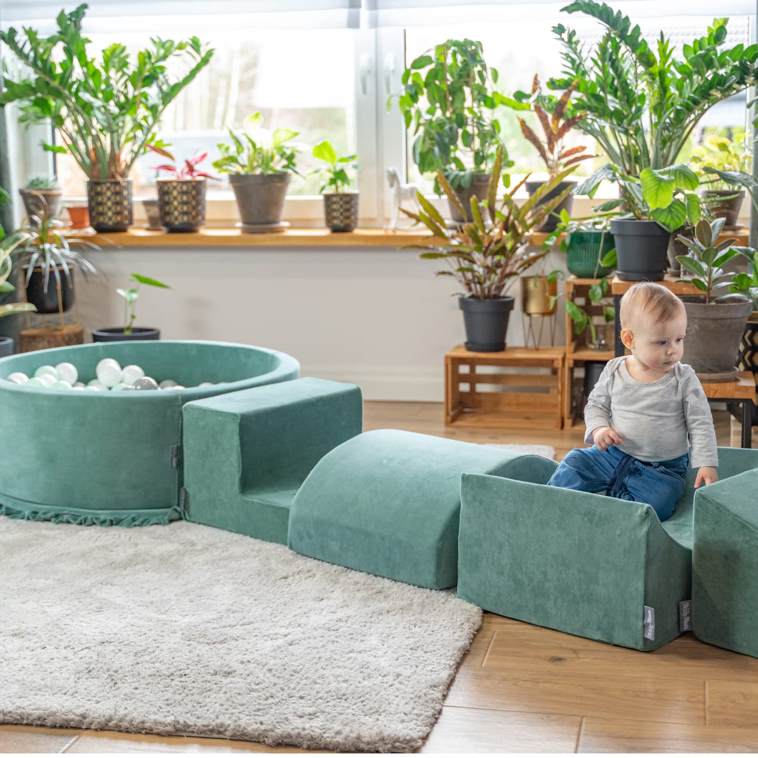 KiddyMoon Area di Gioco in Schiuma con Tondo Piscina di Palline per Bambini Piscina (300 Palline) + Version 5, Verde del Bosco: Turchese Scuro/Beige Pastello/Verde Grigio/Salmone