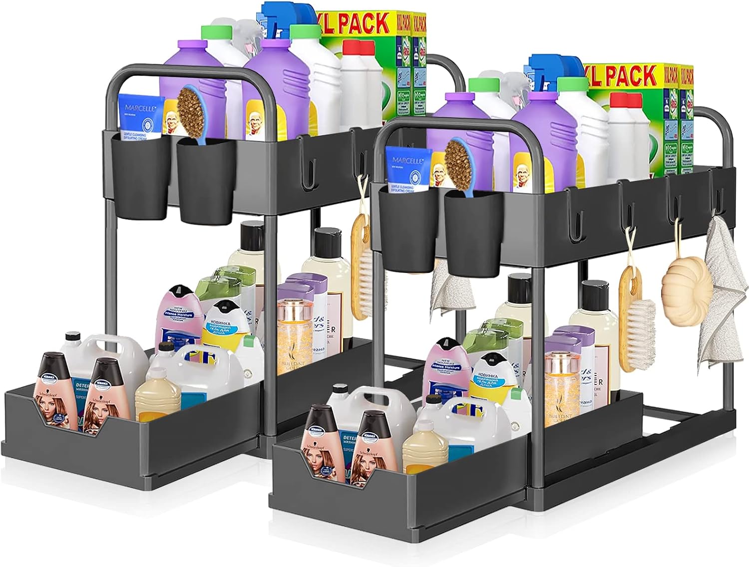 2 Pack Under Sink Organizers and Storage, 2 Tier Sliding Under Bathroom Cabinet Storage Drawer Organizer with Hooks, Hanging Cup, Divider, Multi-Use Under Sink Organizer for Bathroom Kitchen