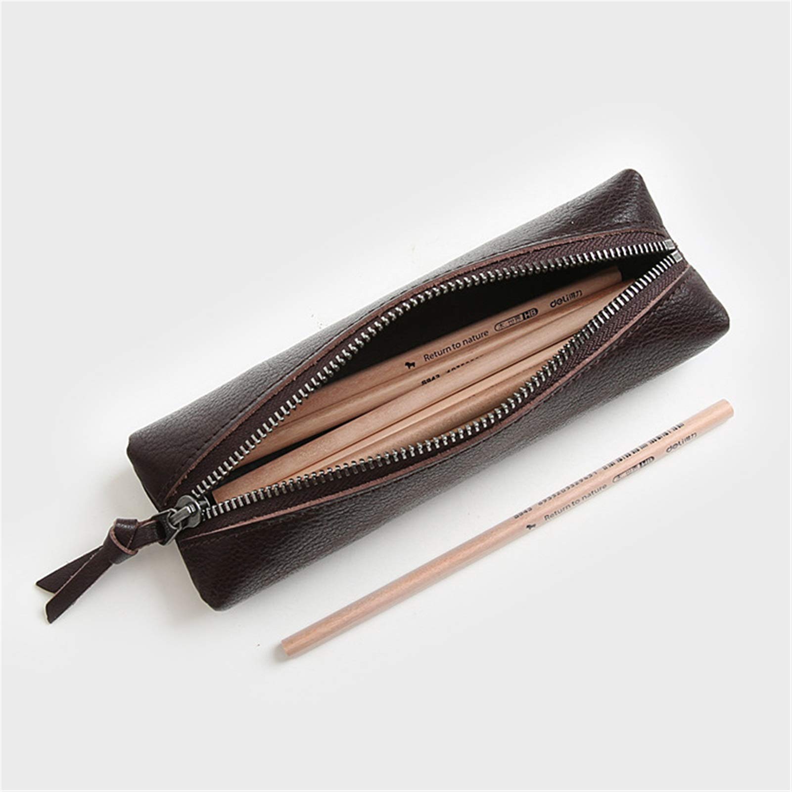 Astuccio in pelle, astuccio piccolo, Astuccio in pelle con cerniera in multicolore Dimensioni 21x6,5x4 cm(Coffee)