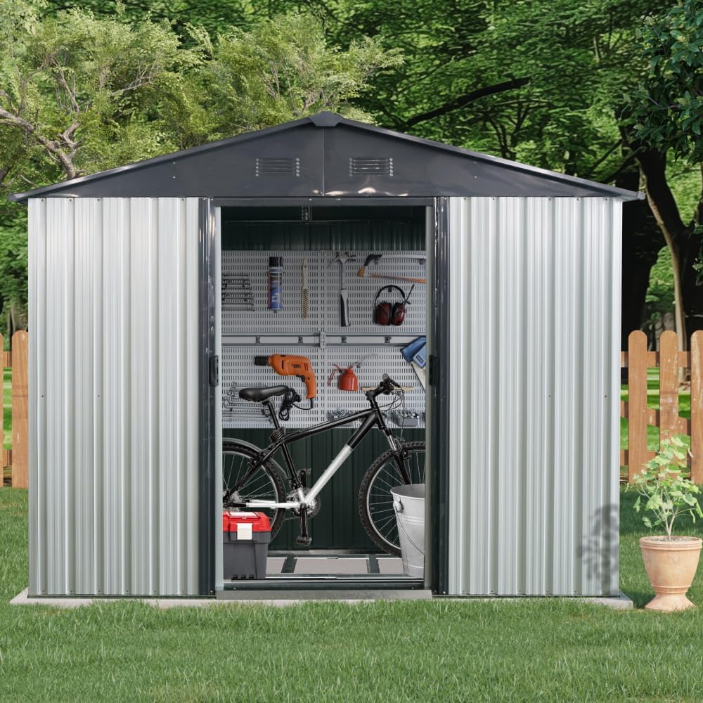 8ft x 4ft Outdoor Metal Storage Shed with Window, Galvanized Steel Foundation, Sloped Roof & Lockable Door for Backyard and Patio