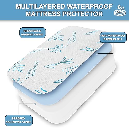 Miniatura 4 de Protector de colchón impermeable de bambú refrescante con cremallera, ultra suave y transpirable, hipoalergénico, funda de colchón jacquard de