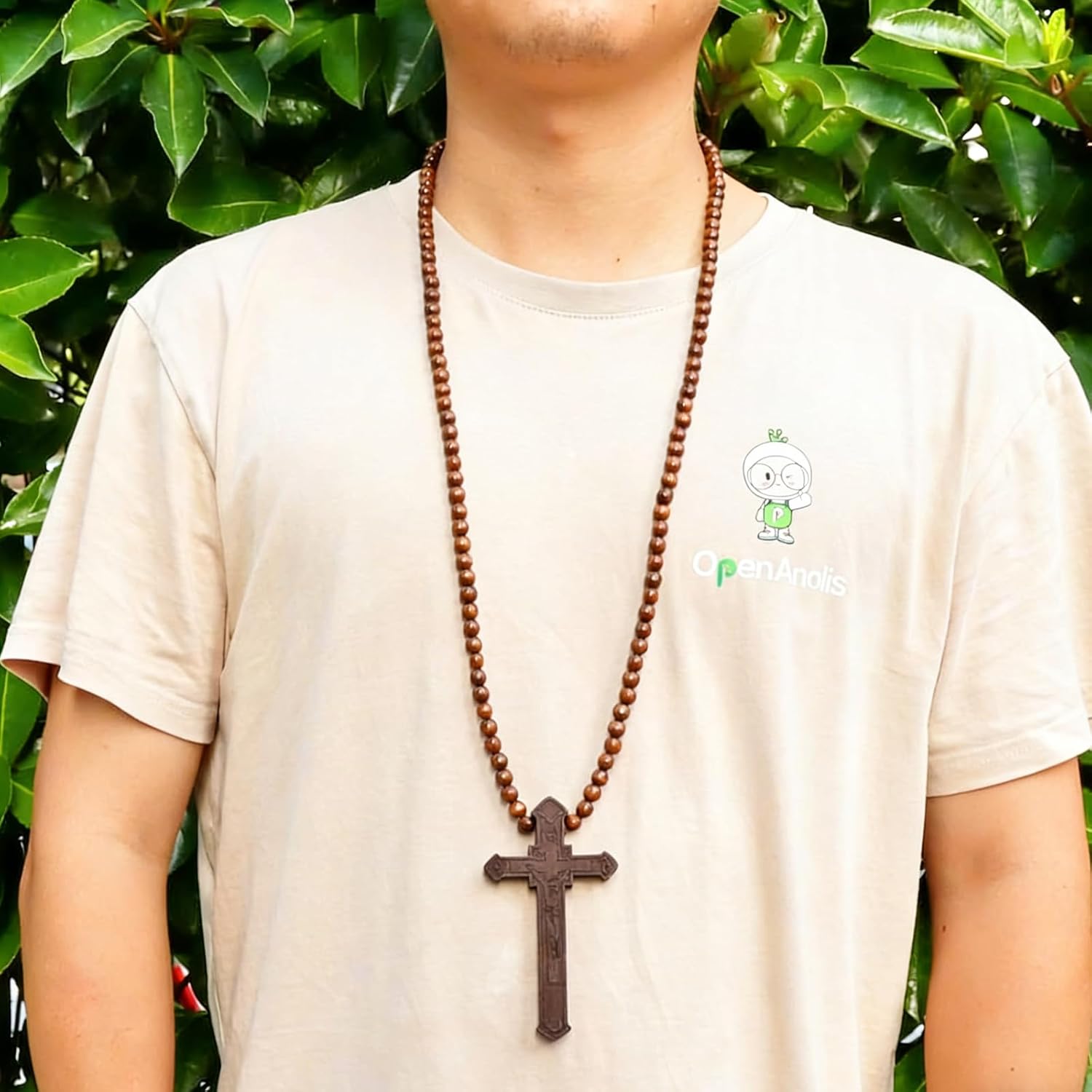 Wooden Cross Necklace For Men Beads Rosary Long Large Natural Wood Jesus Crucifix Cross Pendant Necklace 36inch Chain Religious Christian Prayer Faith Baptism Easter Handmade Jewelry - Image 3