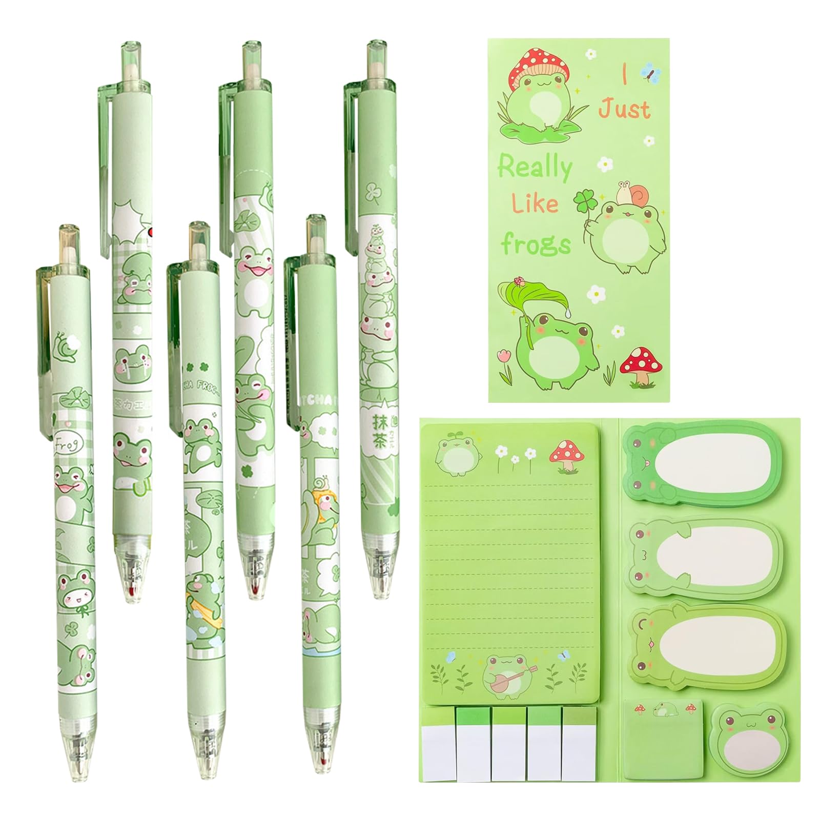 CHUNLINLAODA Frog Stationery Set, Including 550 Sheets Frog Sticky Note, 6 Pcs Frog Ball Point Gel Pens, Cute Office Supplies
