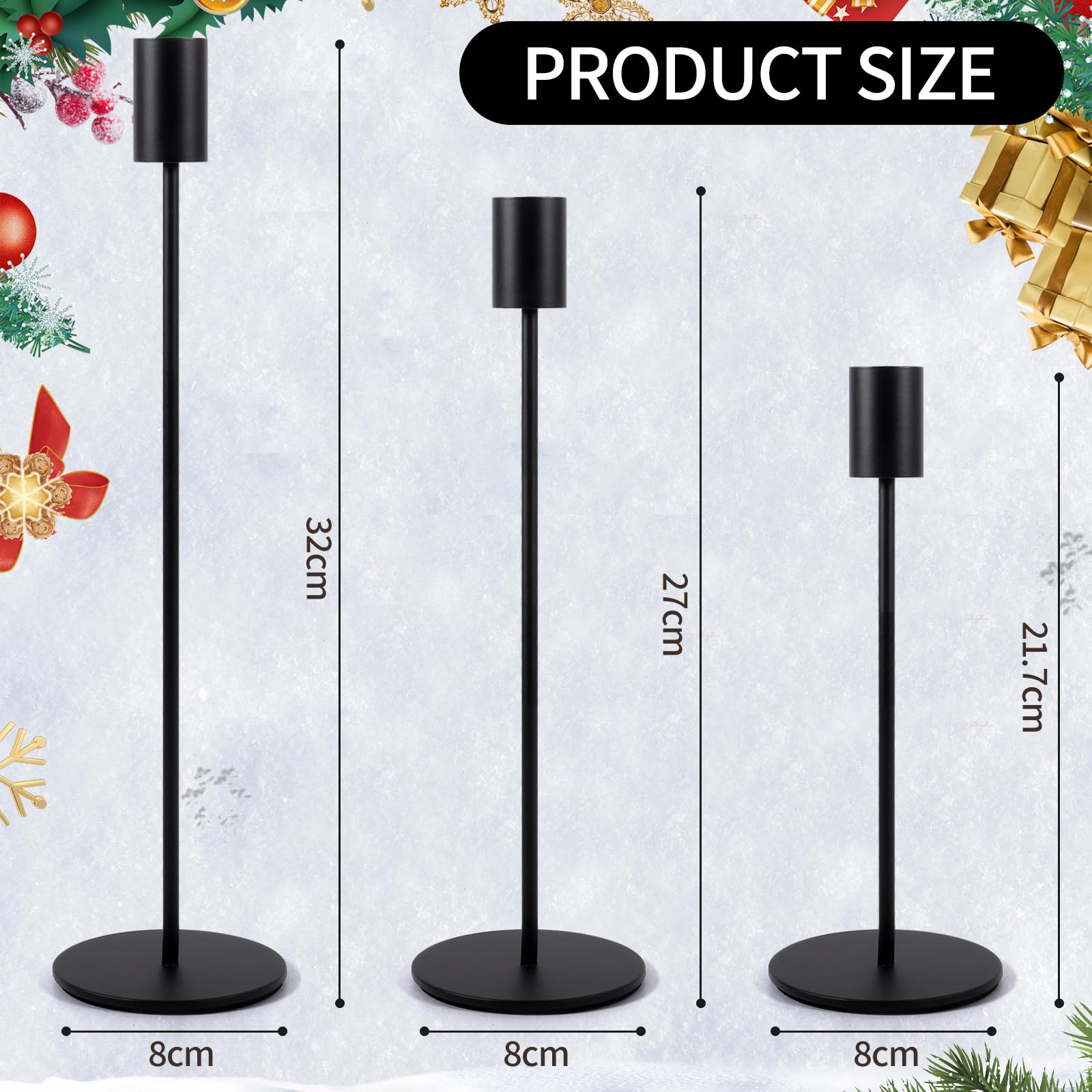 Candelabro Set di 3 Nero Portacandele di Diverse Dimensioni 21.7/27/32 cm per Candele Coniche da 2.2cm, Candeliere D'epoca, Camera da Letto Soggiorno Tavolo da Pranzo Decorazione Portacandele