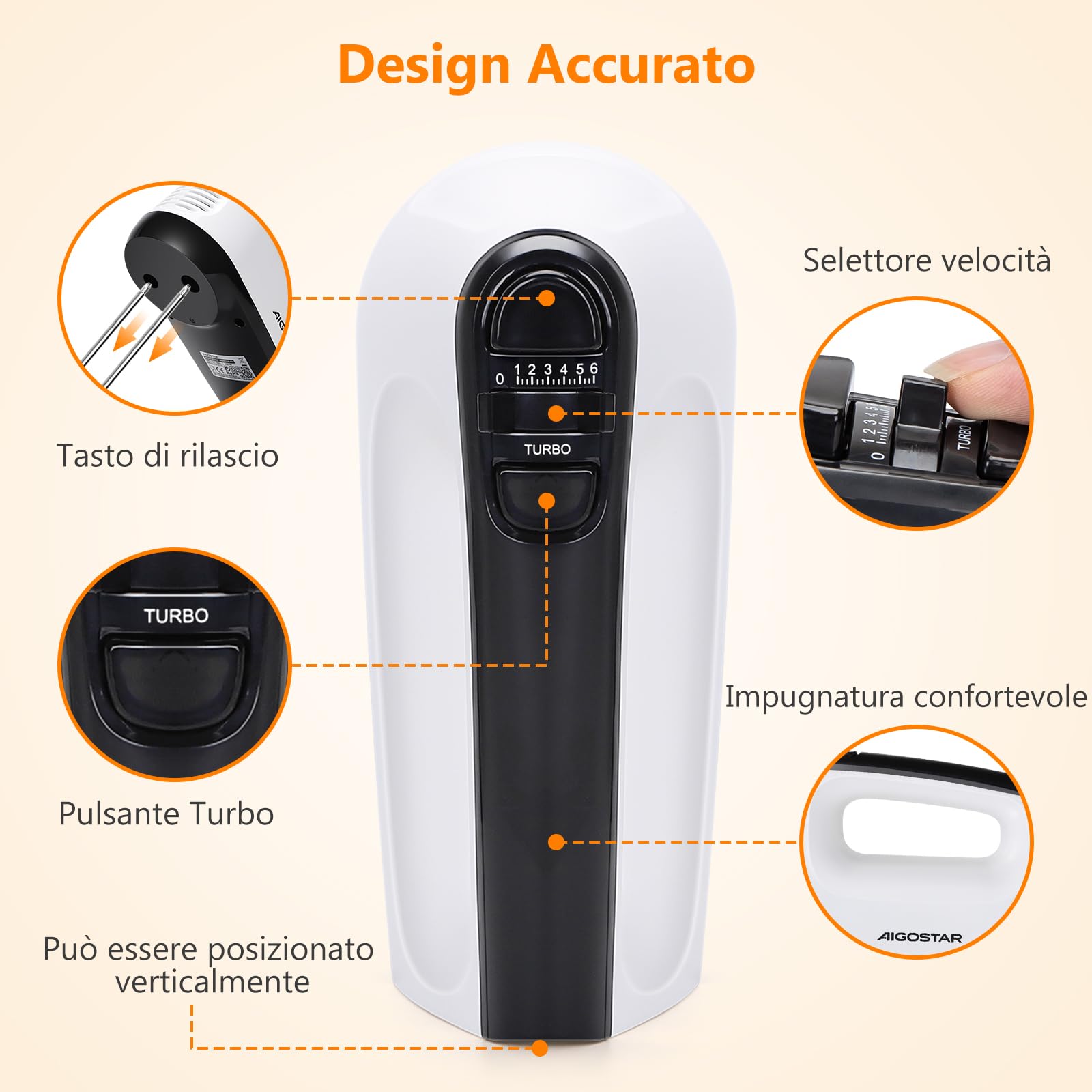 Aigostar Pudding - Sbattitore Elettrico, 6 Velocità e Turbo, Frusta Elettrica, 400W, Miscelazione Silenziosa. Dotato di 2 Fruste, 2 Ganci Impastatori, frusta e contenitore.