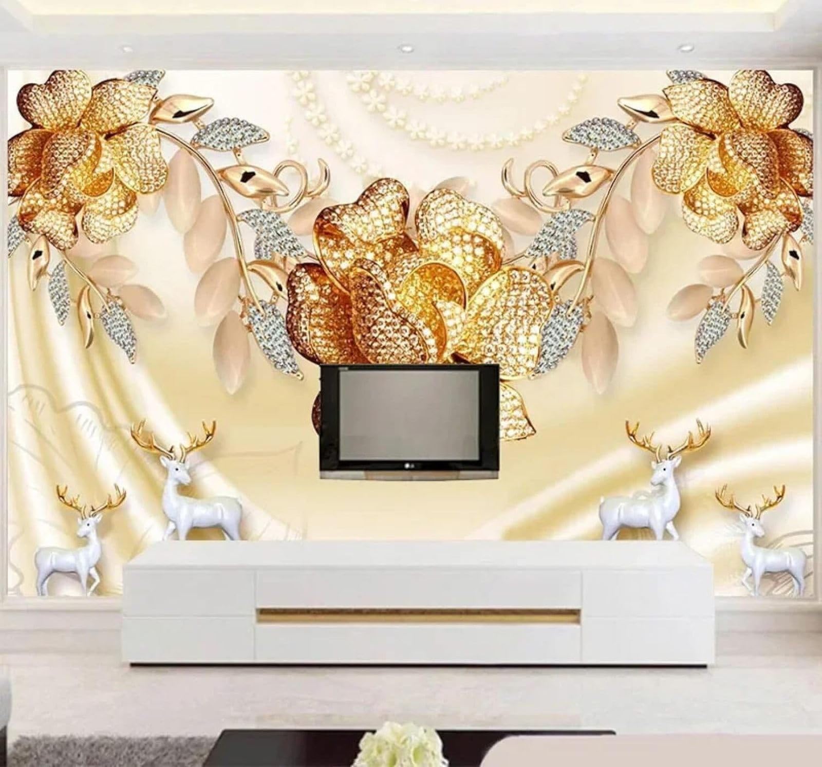 XLMING Luxury Gold Diamonds Flowers Reindeer 3D Wallpaper Silky Texture Home Study Office Grey Dining Room Sofa Bedroom Living Room TV Backdrop-250cm×170cm
