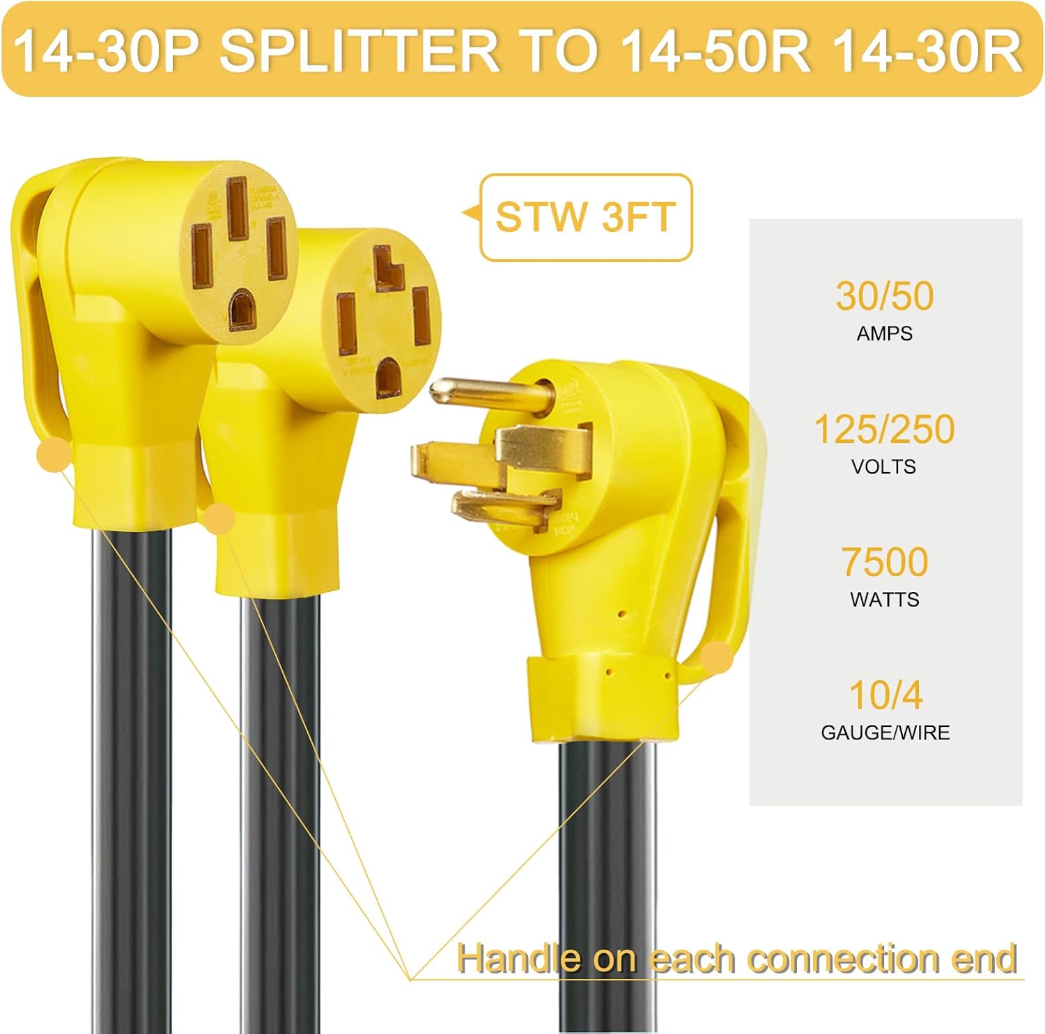 30 Amp Dryer Y Splitter to RV/EV, NEMA 14-30P to 14-50R/14-30R Splitter Power Adapter Cord, Dryer 4-Prong 30 AMP Y Adapter Cable for EV Charging at Dryer Outlet, STW 10 AWG, 3 FT, ETL Listed