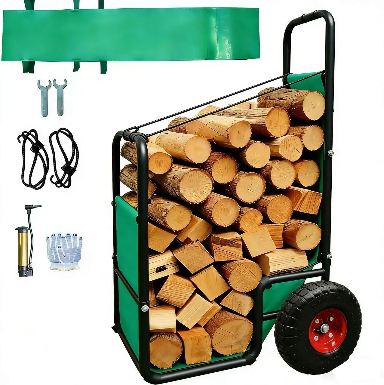 Firewood Log Cart Carrier Outdoor Wood Rack Mover - 250 LB Capacity Storage Steel Dolly Hauler with Rubber Wheels and Oxford Cloth