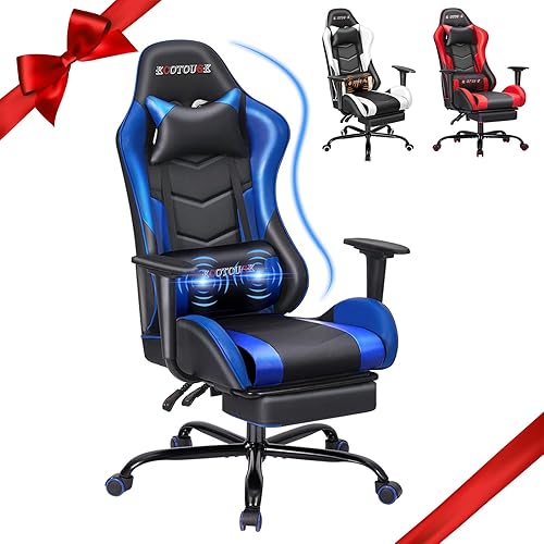 Miniatura 18 de ECOTOUGE - Silla para juegos de PC con masaje, silla ergonómica de escritorio de oficina de carreras de cuero sintético reclinable con reposacabezas