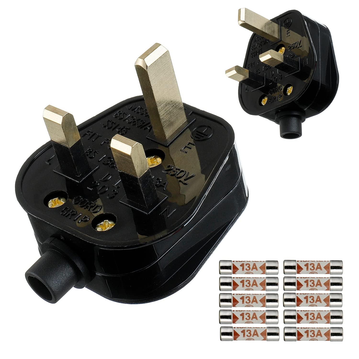 13A Fused Mains Plug With Cord Grip For UK Fuses Black ( Pack of 2 pcs ）