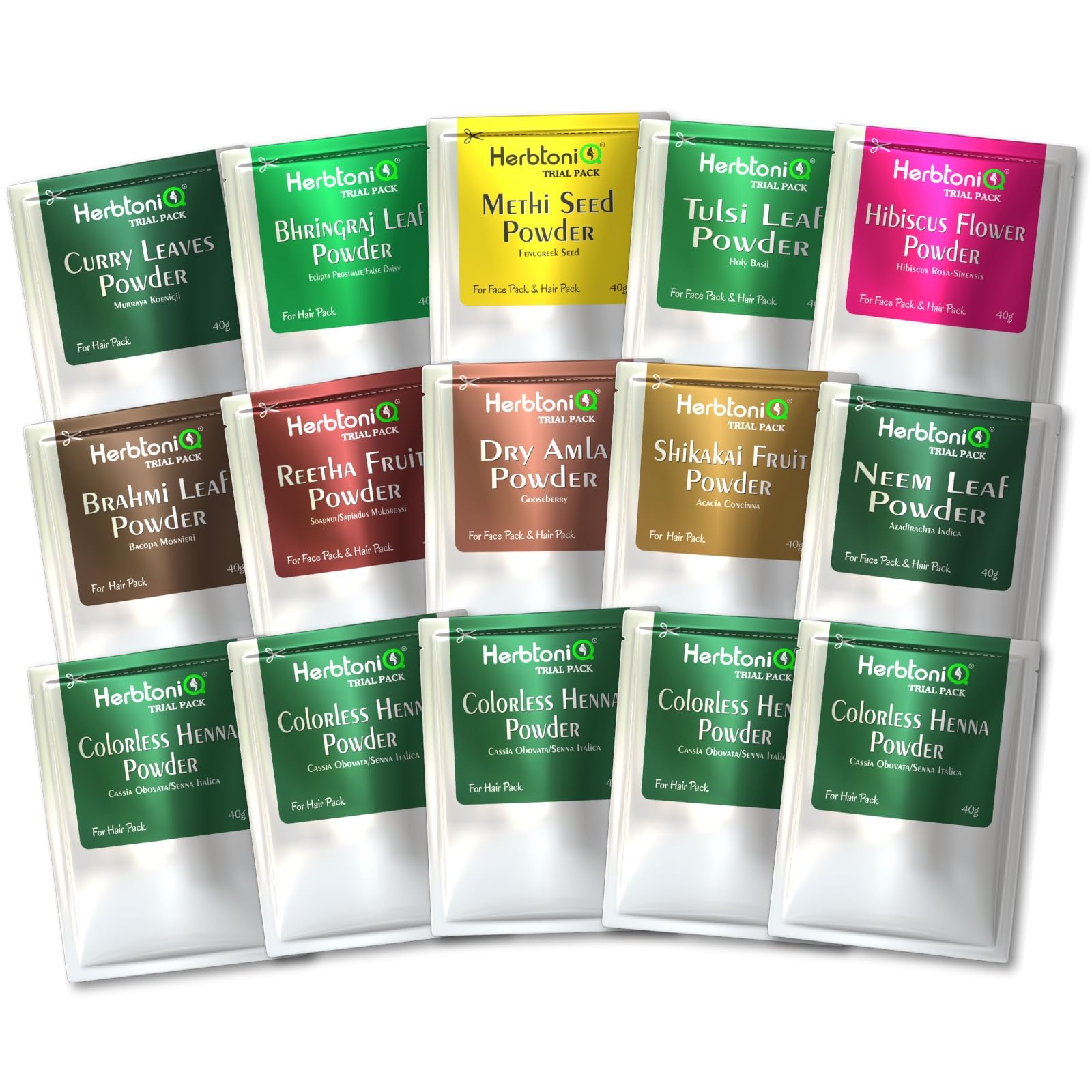 HerbtoniQ Amla Reetha Shikakai for Hair Pack with Bhringraj Hibiscus Brahmi Curry Tulsi Neem Methi Powder 10 Pouch 40g Each | Neutral Henna 5 Pouch 40g Each | Hair Mask for Hair Growth | 15 Pcs (600 Gm)-picture-50