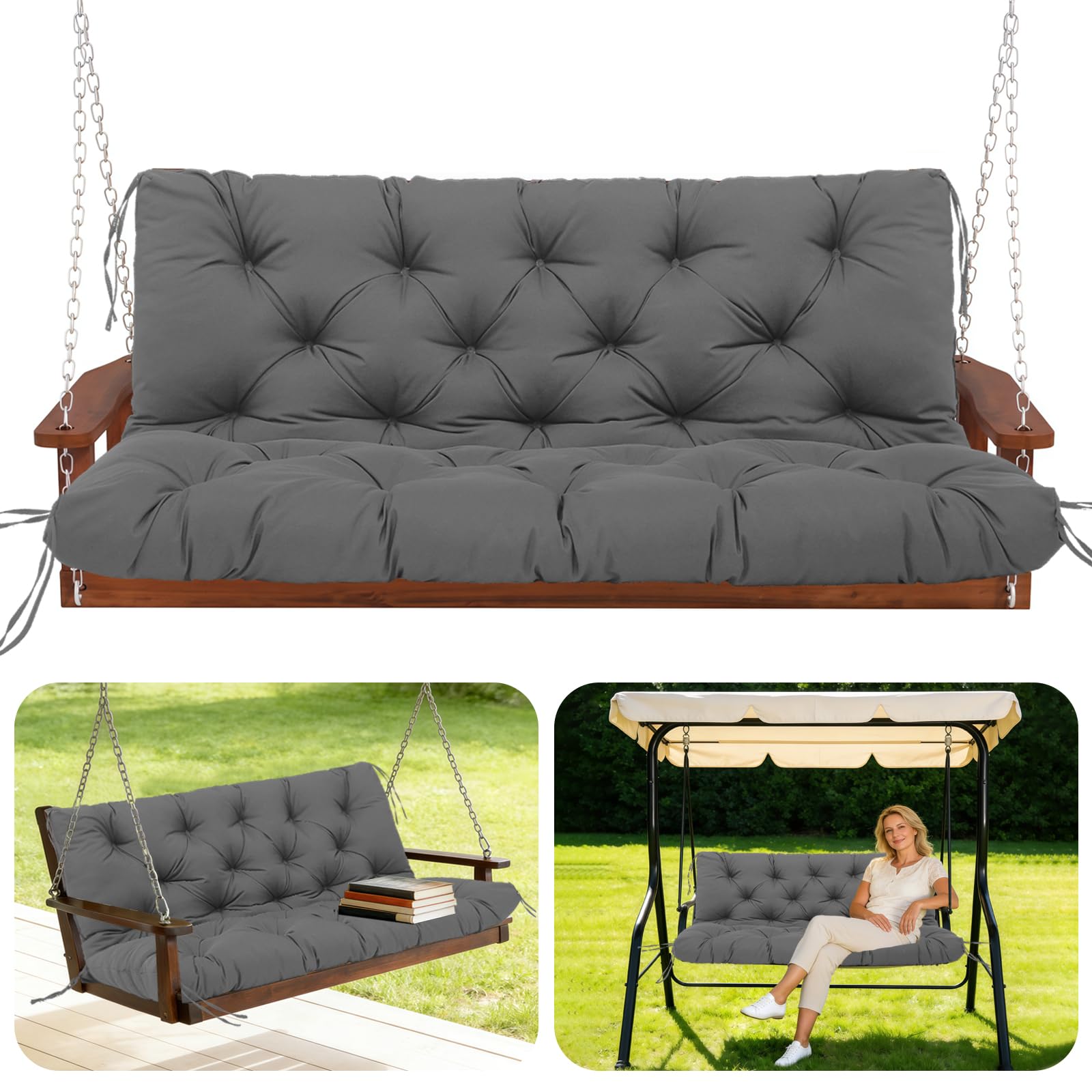 GHDM Garden Bench Cushion Thick 12cm Swing Cushions 3 Seater with Backrest and Tie 150cm Waterproof Swing Seat Cushions Replacement for Outdoor Furniture Patio Porch Lawn Backyard(Gray)