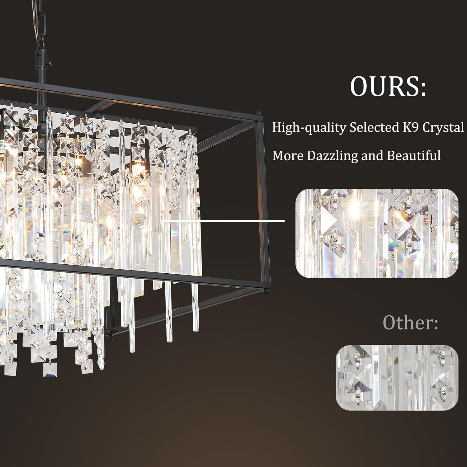 Modern Black Farmhouse Crystal Chandelier, 35" Industrial Square Chandeliers Modern Luxury Adjustable Ceiling Pendant Light Fixture for Kitchen Island Dining Living Room Bedroom Foyer