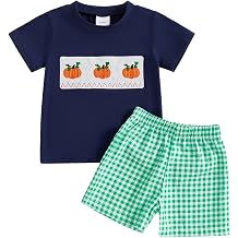 Toddler Baby Boy Halloween Clothes Pumpkin Embroidery Smocked Short Sleeve T-Shirt and Plaid Shorts Set Fall Outfits