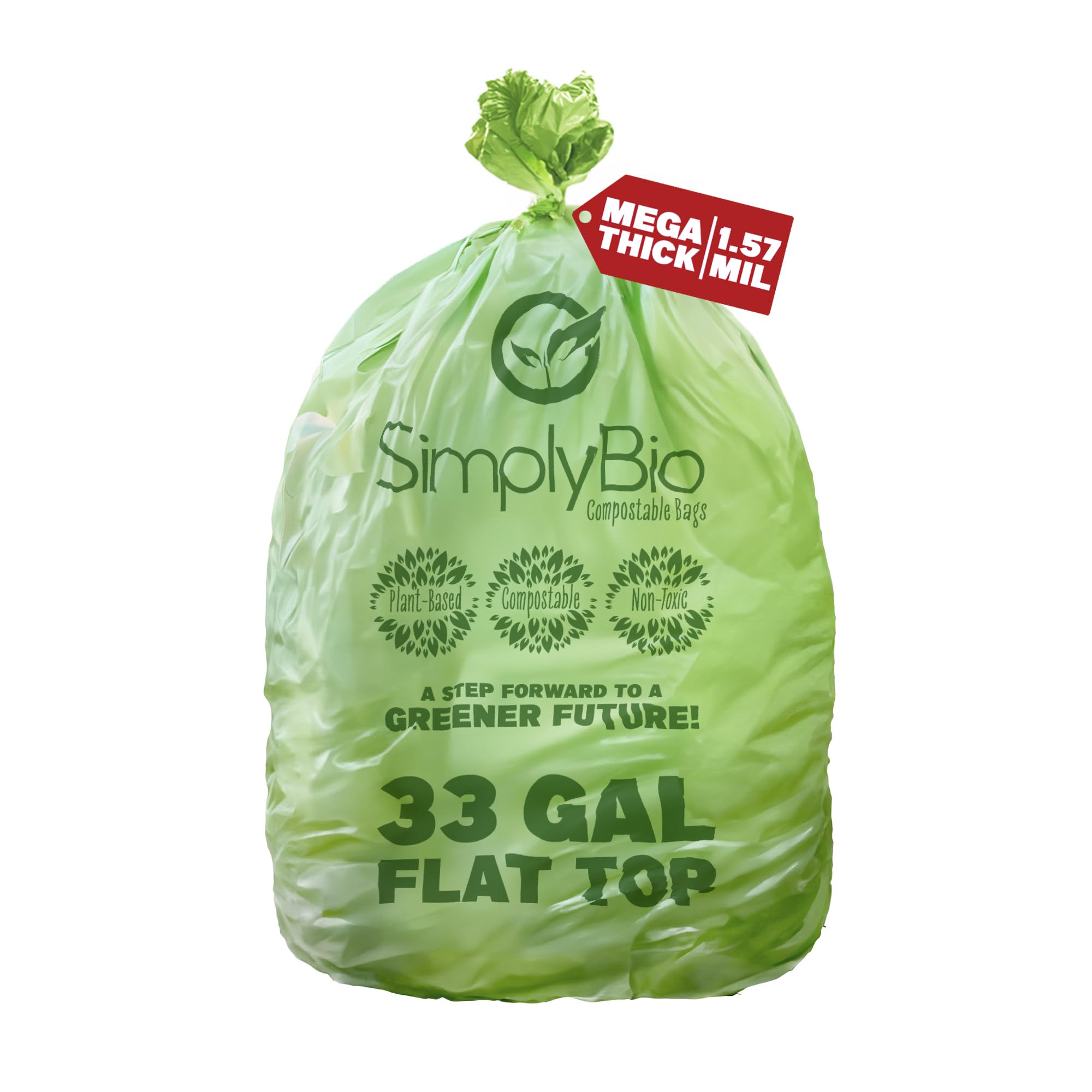 30-33 Gallon Compostable Trash Bags Liners Flat-Top, Heavy Duty Extra Thick 1.57 Mil, 124.92 Liter, 30 Bags, Lawn, Yard, and Restaurant Use, ASTM D6400, US BPI, OK Compost Home Certified
