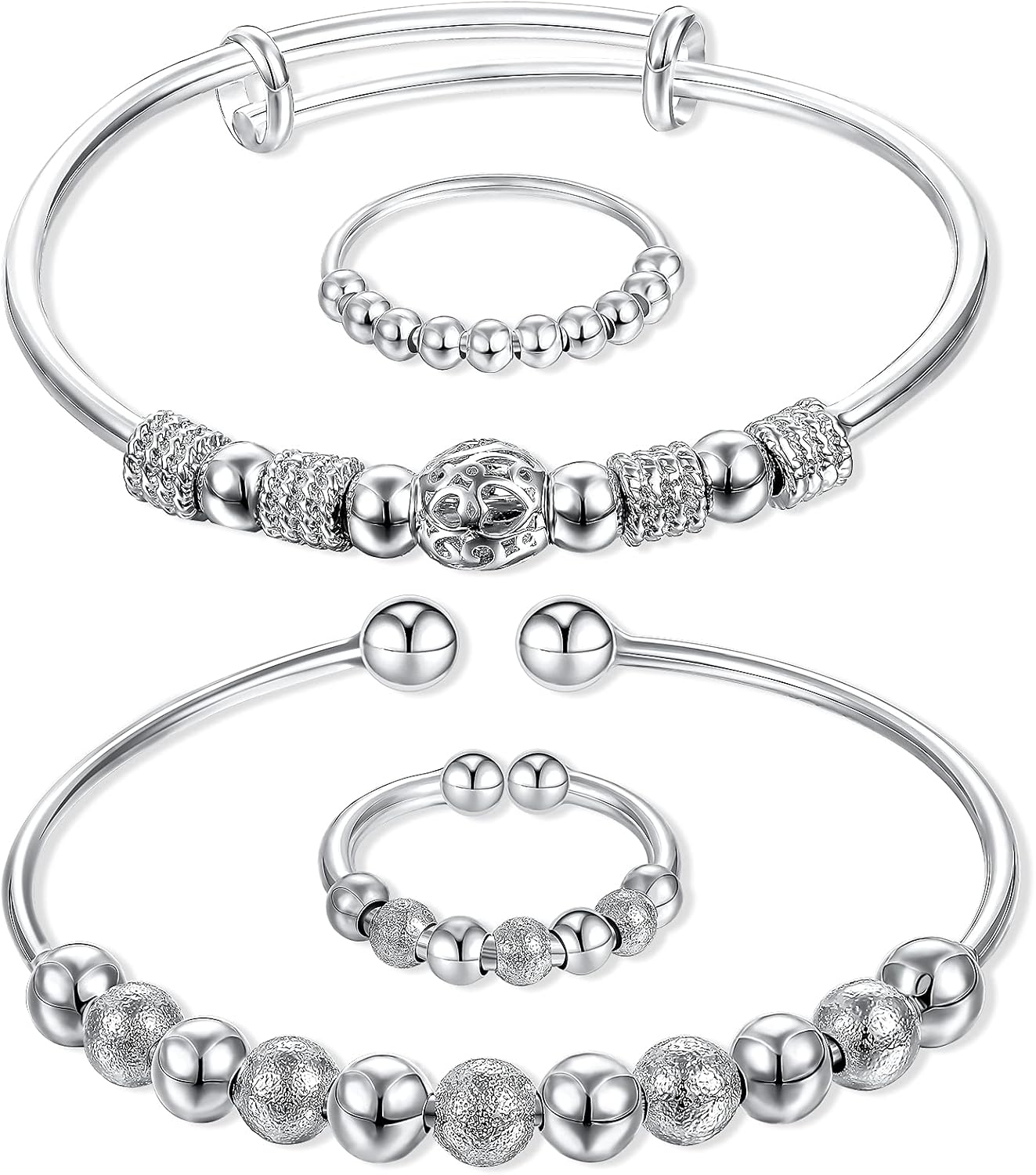 Hicarer 4 Pieces Anxiety Spinning Rings Fidget Adjustable Anxiety Bead Bracelets Open for Jewelry Ring Women Gift