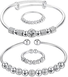 4 Pieces Anxiety Ring Fidget Adjustable Anxiety Bracelets Spinner Anxiety Spinning Rings Fidget Anxiety Bead Bracelets Open for Girls Women Jewelry