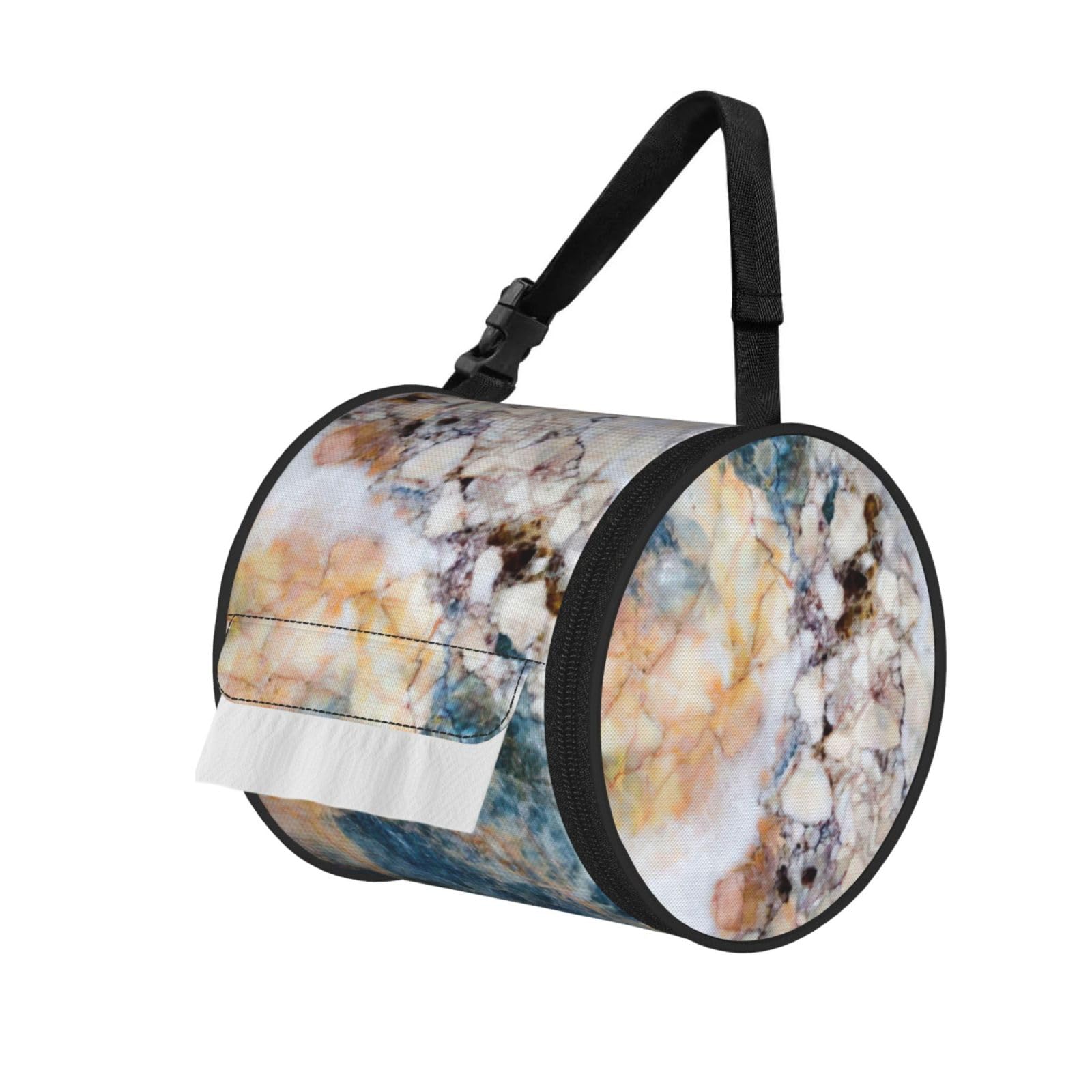 Marble Print Round Tissue Dispenser Bag With Carry Strap, Portable Roll Holder For Car Travel Home