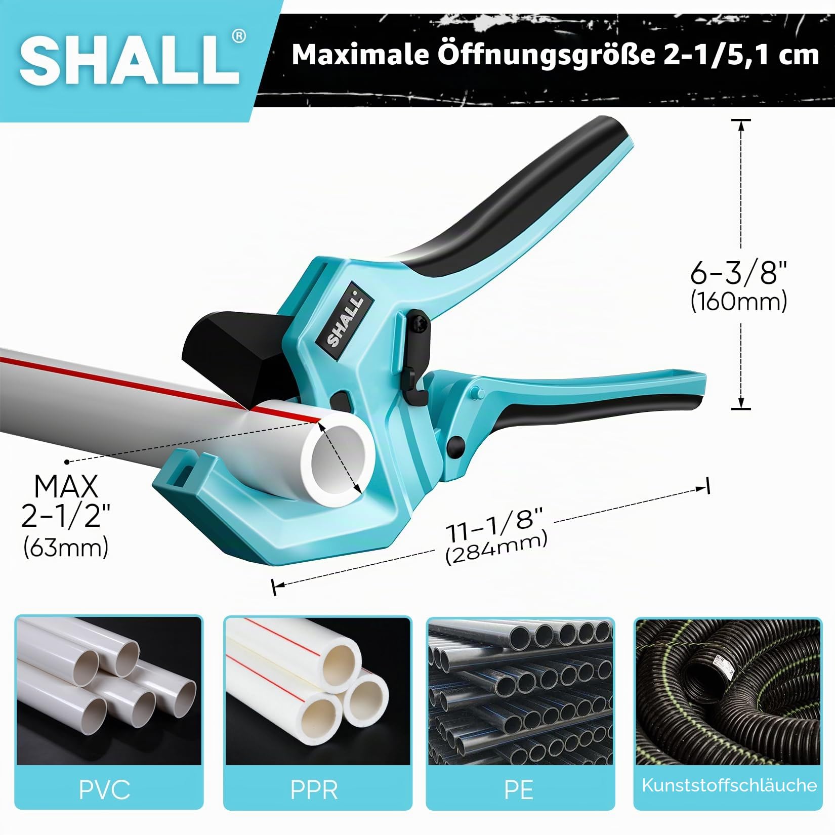 SHALL 2,5 Zoll (63 mm) Kunststoff-Rohrschneider, PVC-Schneider, Ratschen-Rohrschneider zum Schneiden von PEX-, PVC- und PPR-Kunststoffschläuchen mit 63 mm Außendurchmesser, hochwertiges Kunststoffrohr
