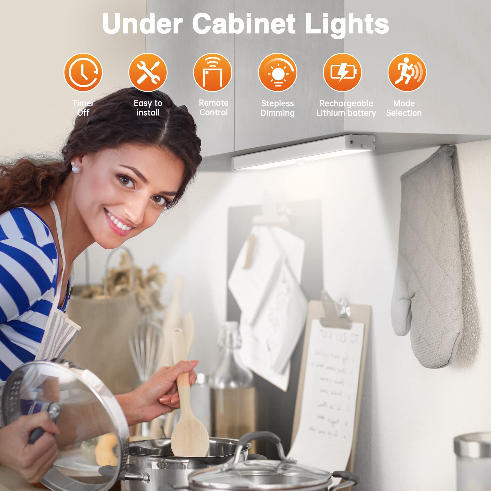 Luz LED de armario con estación de carga, luz de gabinete con sensor de movimiento, 20 luces LED debajo del gabinete, luces de noche de cocina recargables USB inalámbricas, luz funciona con pilas
