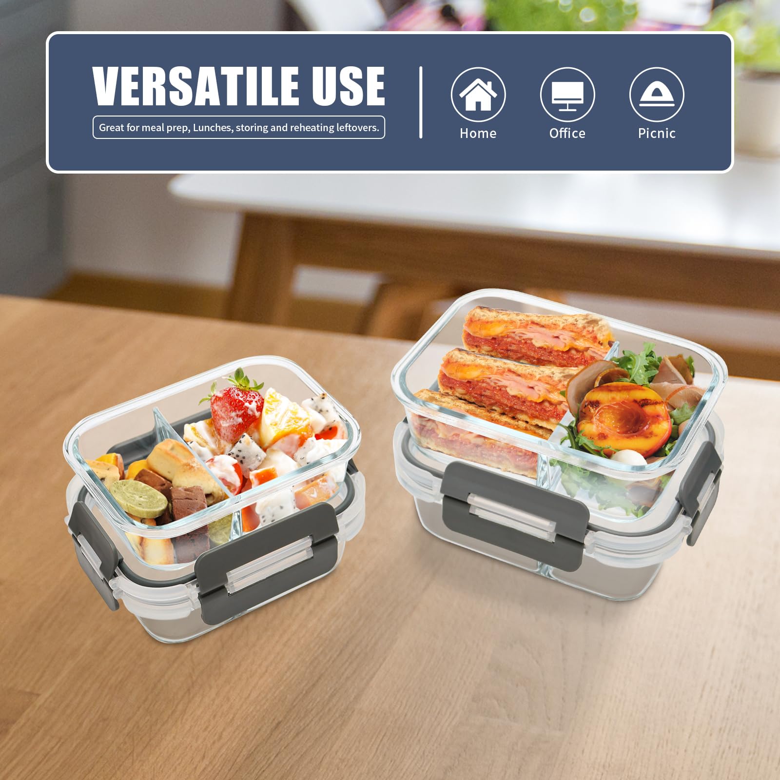 6 Stück Glasbehälter mit Deckel, 2 Fächer, luftdichte Lebensmittelaufbewahrung für Erwachsene, Portionskontrolle, Lunchboxen, gefrier- bis mikrowellengeeignet (963 ml + 625 ml)