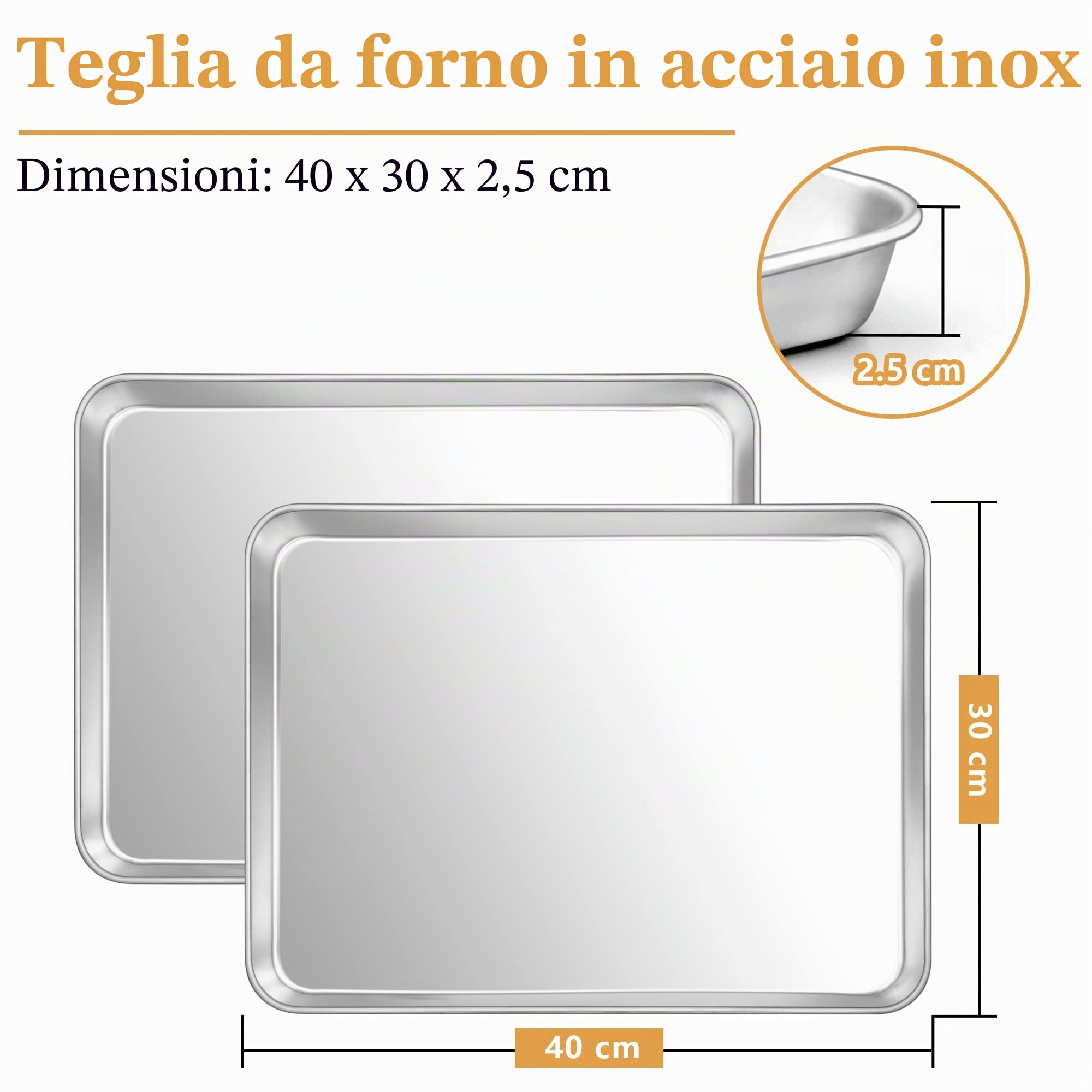 HaWare - Teglia da forno, set da 2 pezzi con 50 fogli di carta da forno, in acciaio inox, 40 x 30 x 2,5 cm, rettangolare, per cuocere e cucinare, atossico e sano, lavabile in lavastoviglie