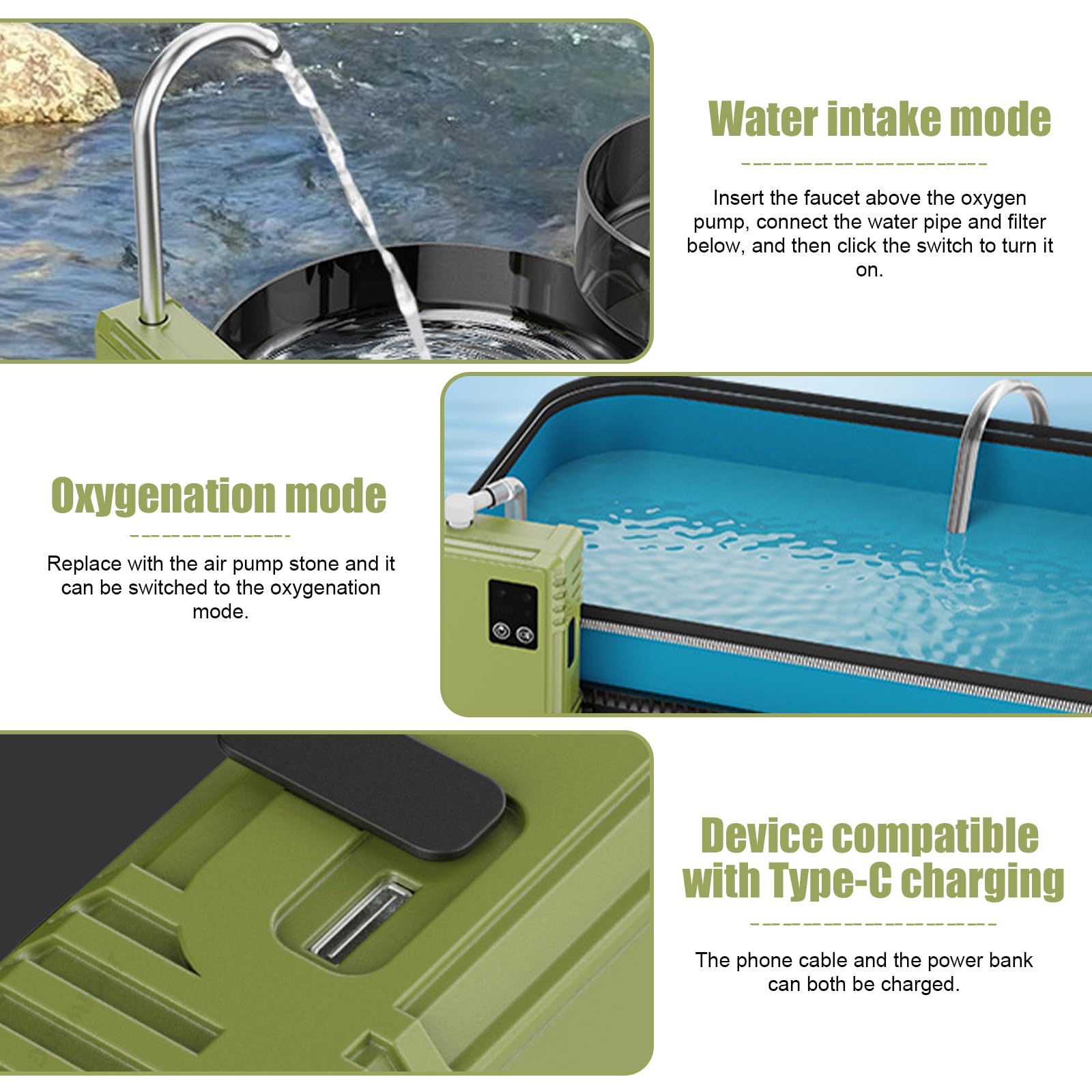 Aquarium Luftpumpe, Grüne Smart Sensor USB Sauerstoffpumpe, Multifunktional 3 Modi, Pumpen, Wasserbelüftung, Beleuchtung, Dreifache Filtration, USB Lade für Outdoor-Angeln und Aquarium