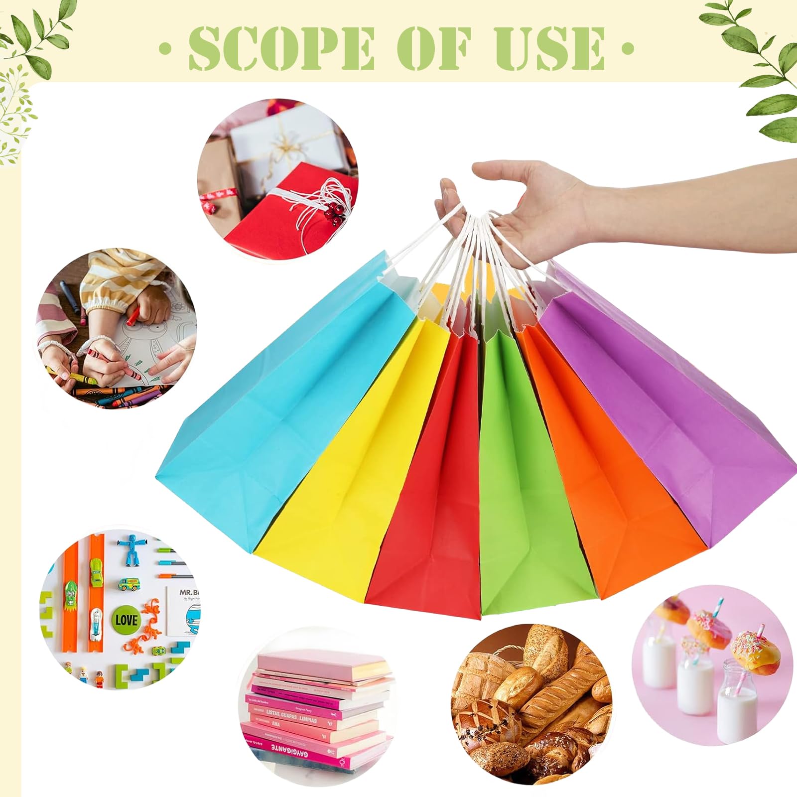 10Pcs Gift Bags Large White Paper Party Bags for Kids Parties,Goodie Candy Sweets Bag with Handles,Flat Bottom Kraft Wrapping Paper Party Favour Bag for Present,Christmas Halloween Wedding - Image 3