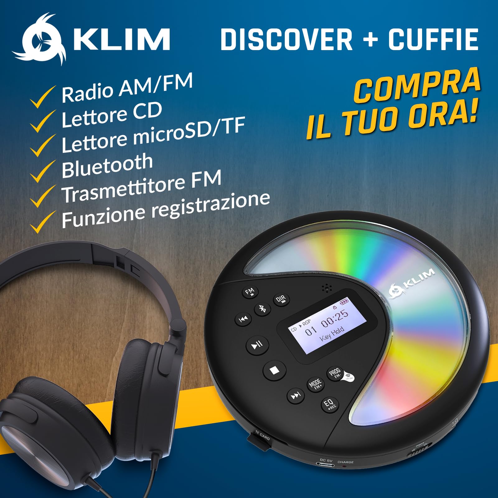 KLIM Discover con le Cuffie + Lettore CD HiFi portatile + NUOVO + Radio FM + Compatibile con MP3 CD Audiolibri + Lettore CD per auto + Supporta Bluetooth per Auto, scheda SD, Trasmettitore FM