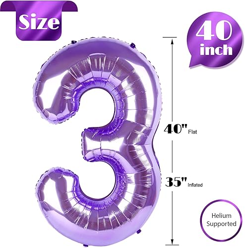 Miniatura 3 de Globo morado del número 3, globo de 40 pulgadas, decoración de cumpleaños de tercer año, suministros de fiesta morados para decoraciones de fiesta,
