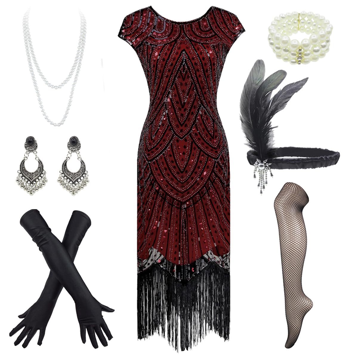 Photo 1 of "1920s Flapper Dress Roaring 20s Great Gatsby Fringed Sequin Dress Accessories Set" (Small, Style02-Red)