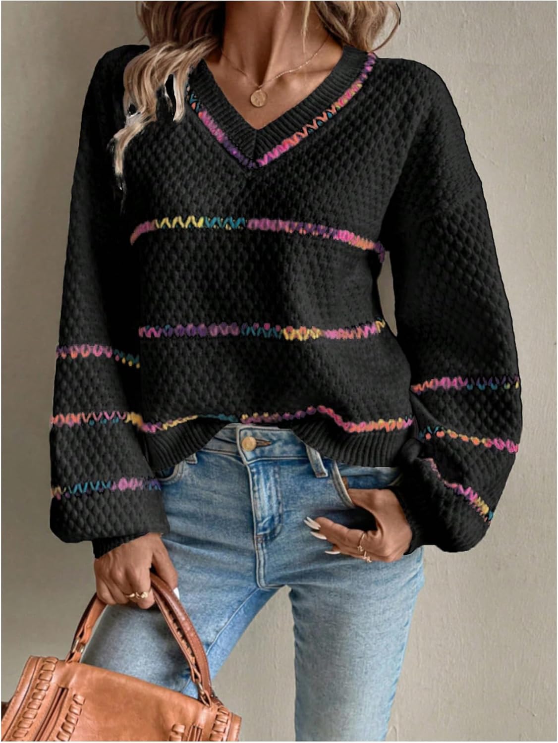 Verdusa Women's Striped Oversized Sweaters Cozy Pullover V Neck Knit Sweater Fall Winter Clothes - Image 4