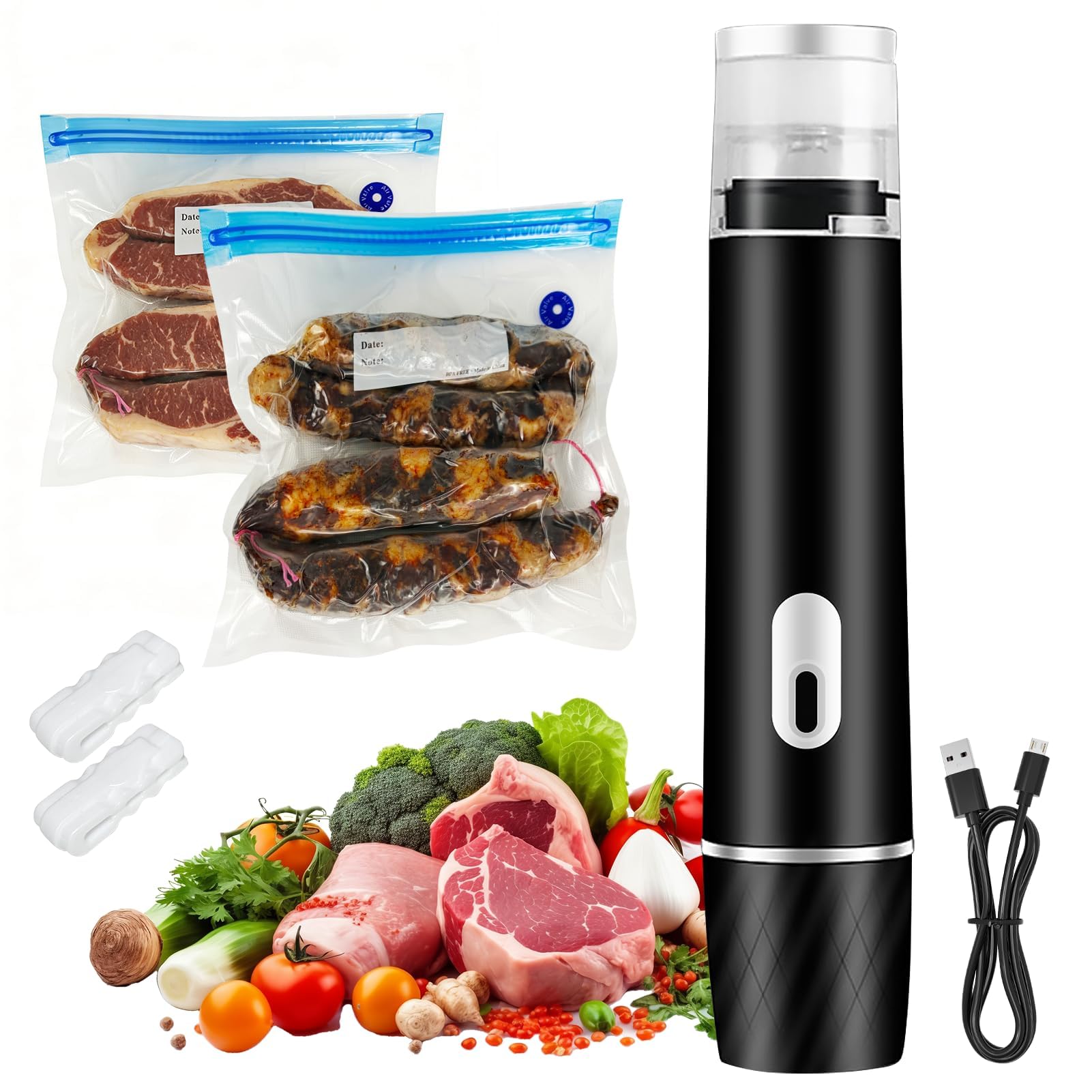Macchina Sottovuoto Portatile per Alimenti con Serbatoio Visibile 60 kPa Potente Dispositivo di Messa Sottovuoto con 15 Sacchetti Riutilizzabili, Ideale per Casa Viaggi Campeggio e Conservazione degli