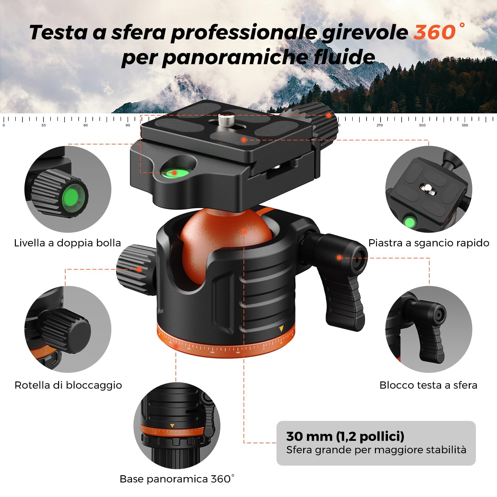 Treppiede per fotocamera da 54-183 cm con testa a sfera a 360°, in alluminio, portata 4 kg, per DSLR, fotografia, video, streaming live