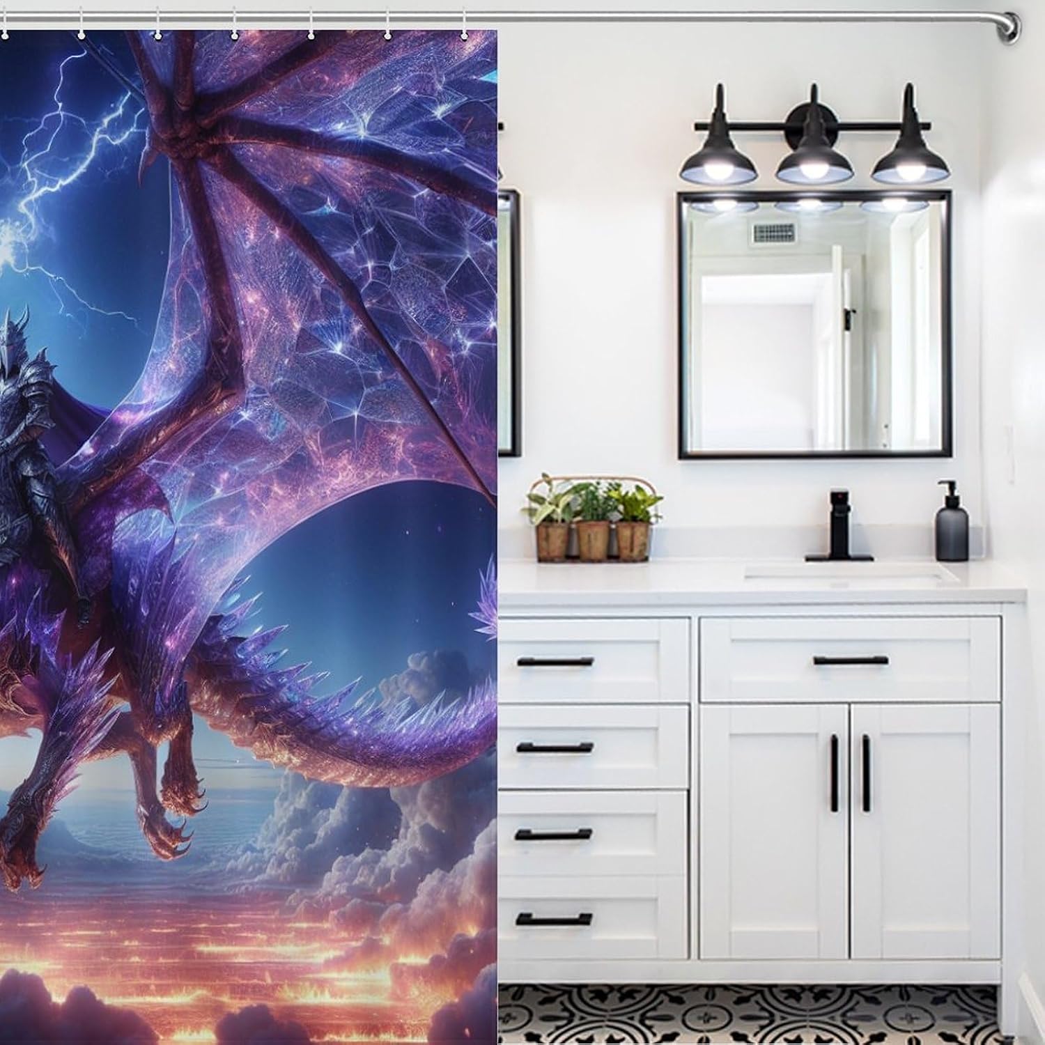 Dragon Shower Curtain Set, Medieval Magic Fantasy Animal Mythical Knight Purple Dragon Home Bathroom Curtain Decor Fabric Waterproof Polyester with 12 Hooks 60x72Inch（152x183cm）
