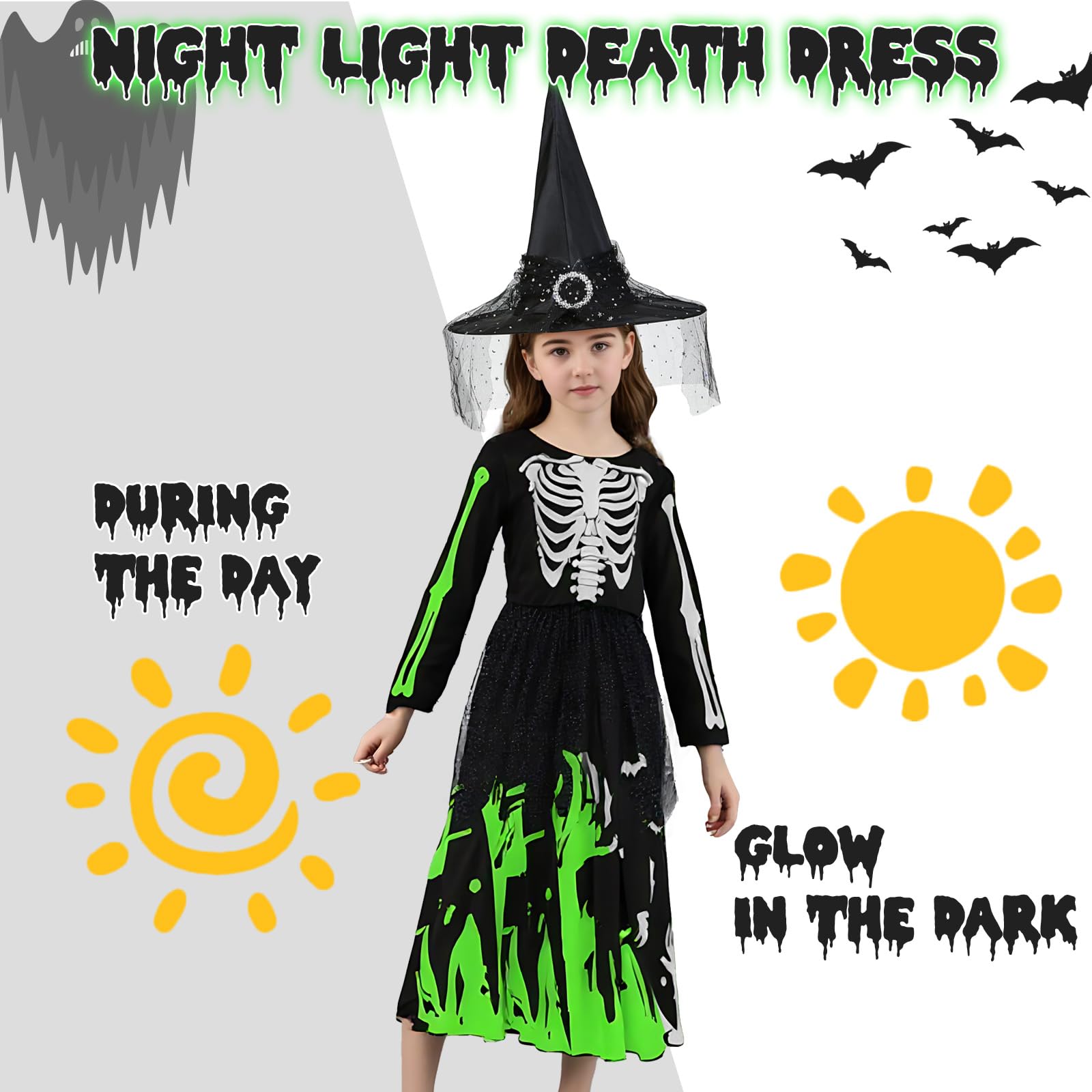 JoyinTcos Kids Halloween Skeleton Costume Grim Reaper Costume, Kids Skeleton Glow in the Dark Set Halloween Costumes - Image 3