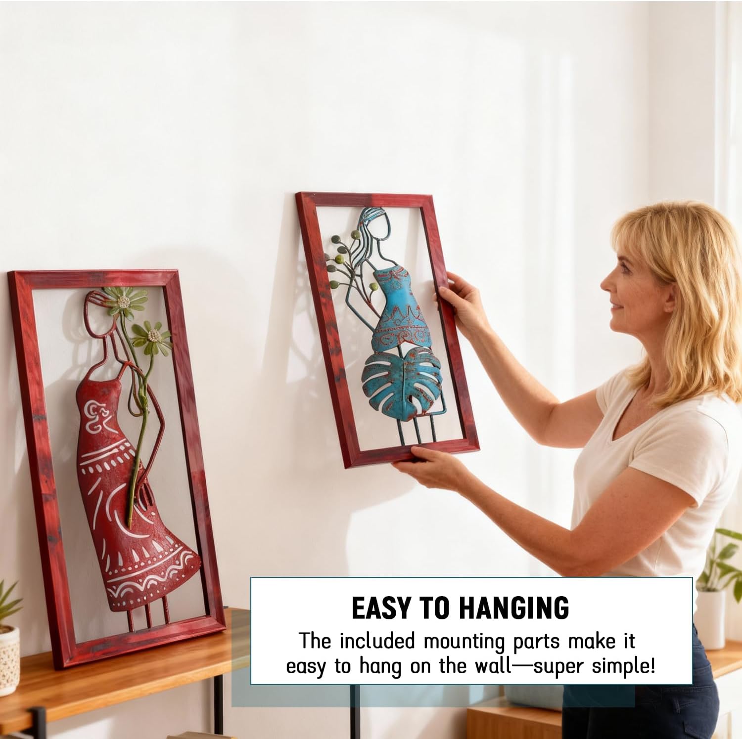 2 Pack Boho Metal Wall Art, 3D Abstract Woman Boho Wall Decor, Modern Minimalist Female Wall Decoration, Floral with Woman Abstract Wall Art, Bohemian Room Decor for living room, Bathroom, Housewarming Gift