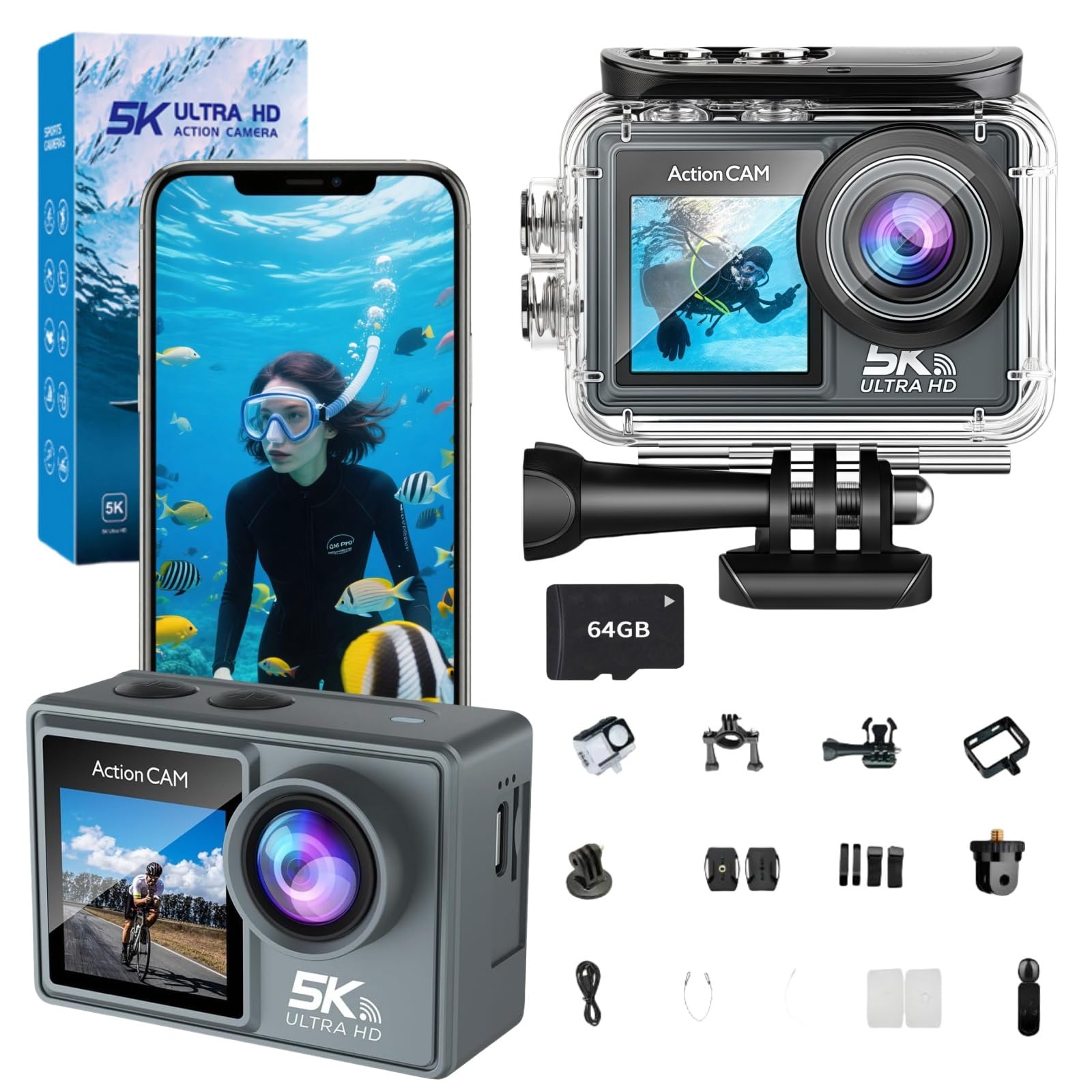 MEIION glaciva Action Kamera 5K + Speicherkarte 64 GB wasserdichte Actionkamera mit WiFi, externem Mikrofon und umfassendem Zubehör für Abenteuer und Unterwasseraufnahmen