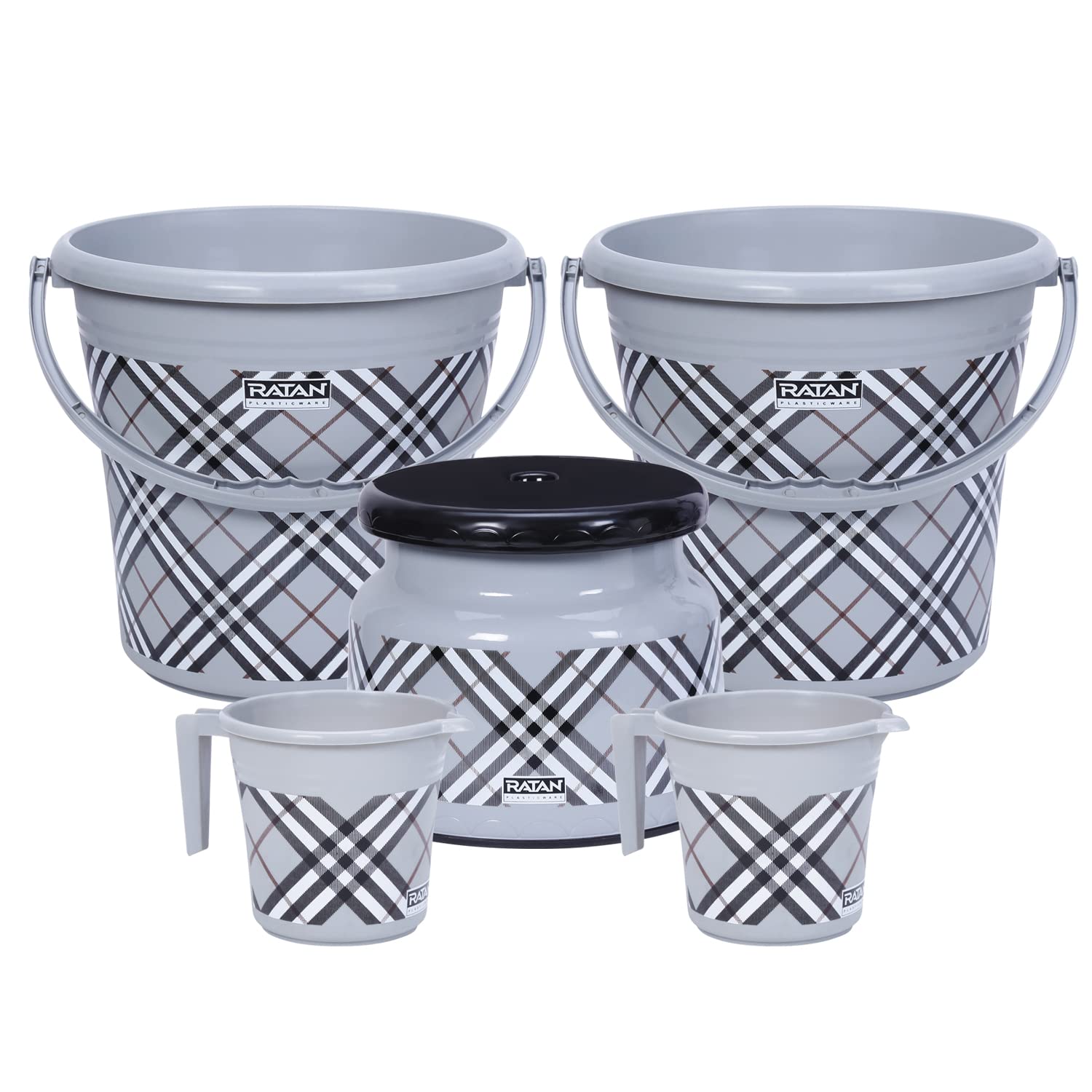 RATAN PLASTICWAREPack of 5 Bathroom Full Set Combo (16L Bucket X 2 / 1L Mug X 2 / Nova Patla Stool 107 X 1) - Bath Sets for Home, Kitchen- Frosty Checks Print Grey