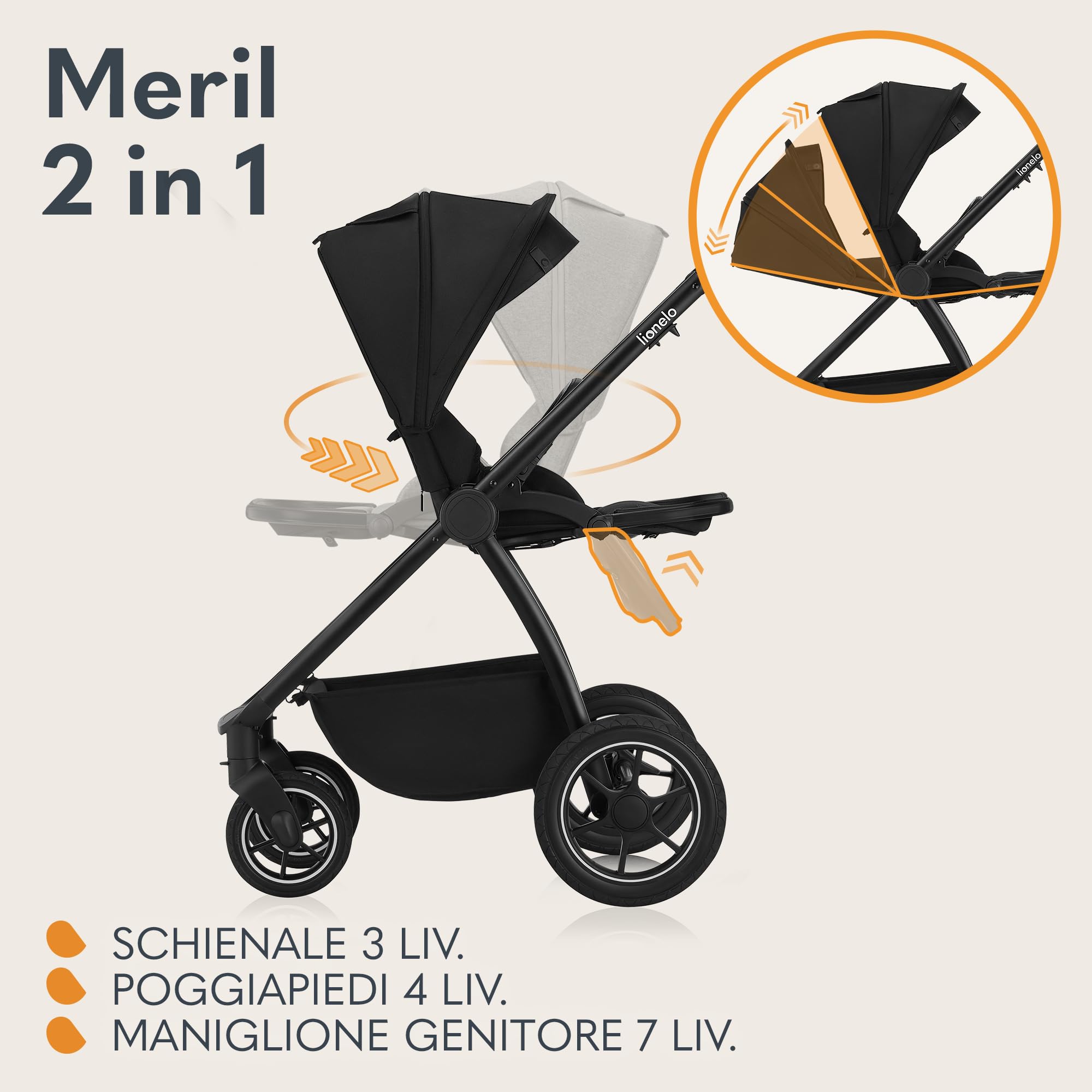 LIONELO Meril Carrozzina e Passeggino 2 in 1 con Navicella XXL 0-48 Mesi | Fino a 22 kg, Navicella fino a 9 kg, Ruote All-Terrain 360°, Schienale Reclinabile, Sospensioni e Cappottina XXL