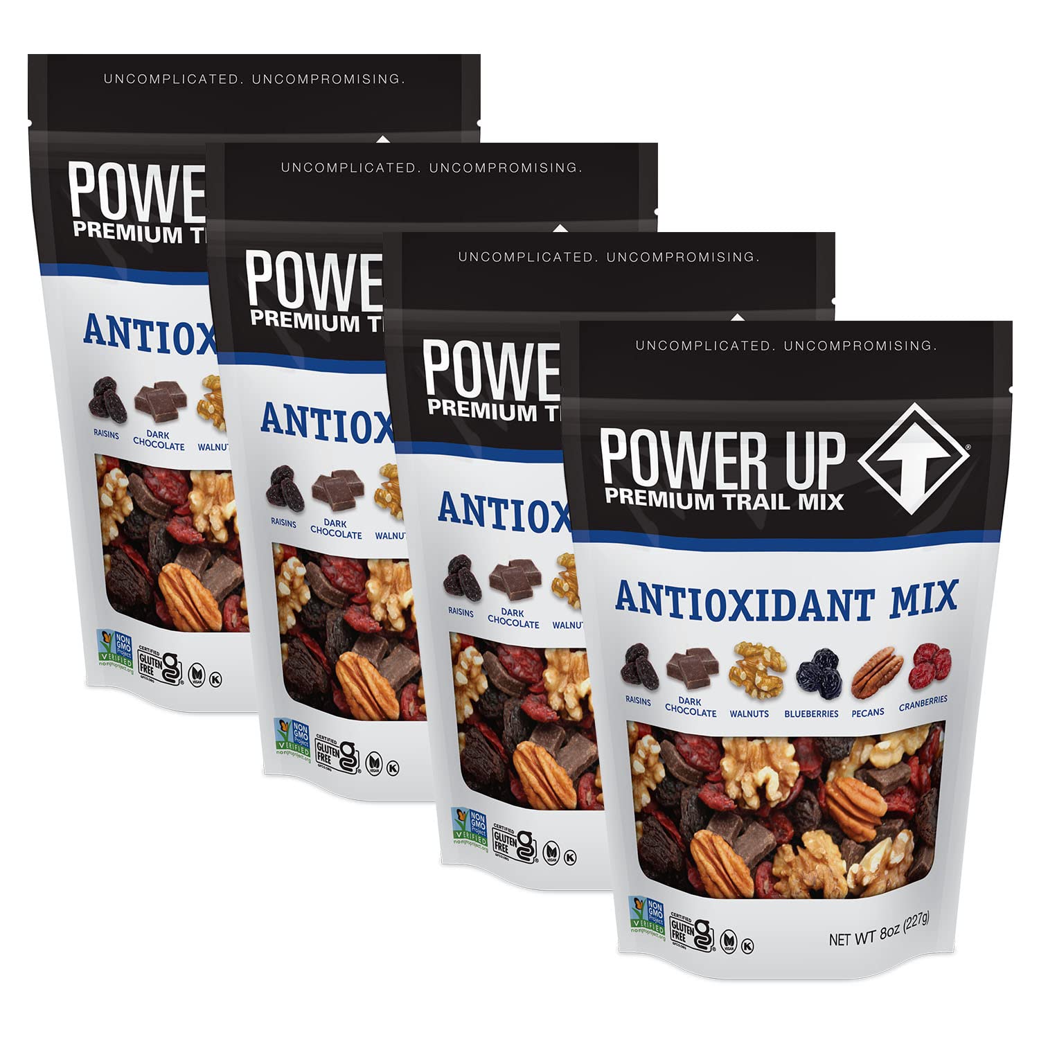 Power Up Antioxidant Trail Mix By Gourmet Nut, Dried Fruit & Nuts Mix, Raisins Dark Chocolate Walnuts Blueberries Pecans & Cranberries - Keto & Paleo Non GMO Vegan Gluten Free, 8oz Bags (Pack of 4)